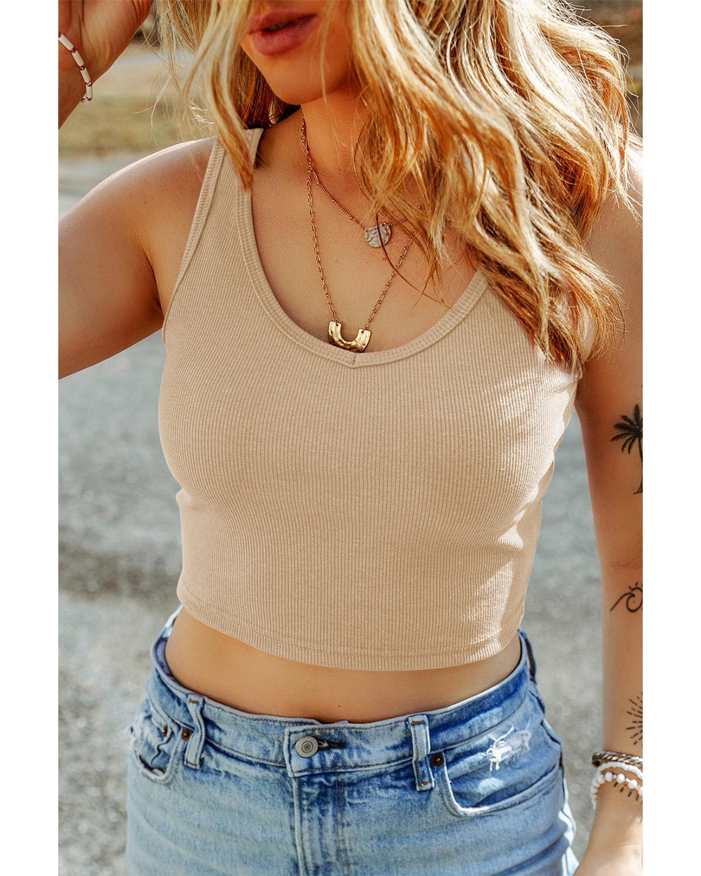 Apricot Ribbed Knit Sheath Sleeveless Crop Top - L