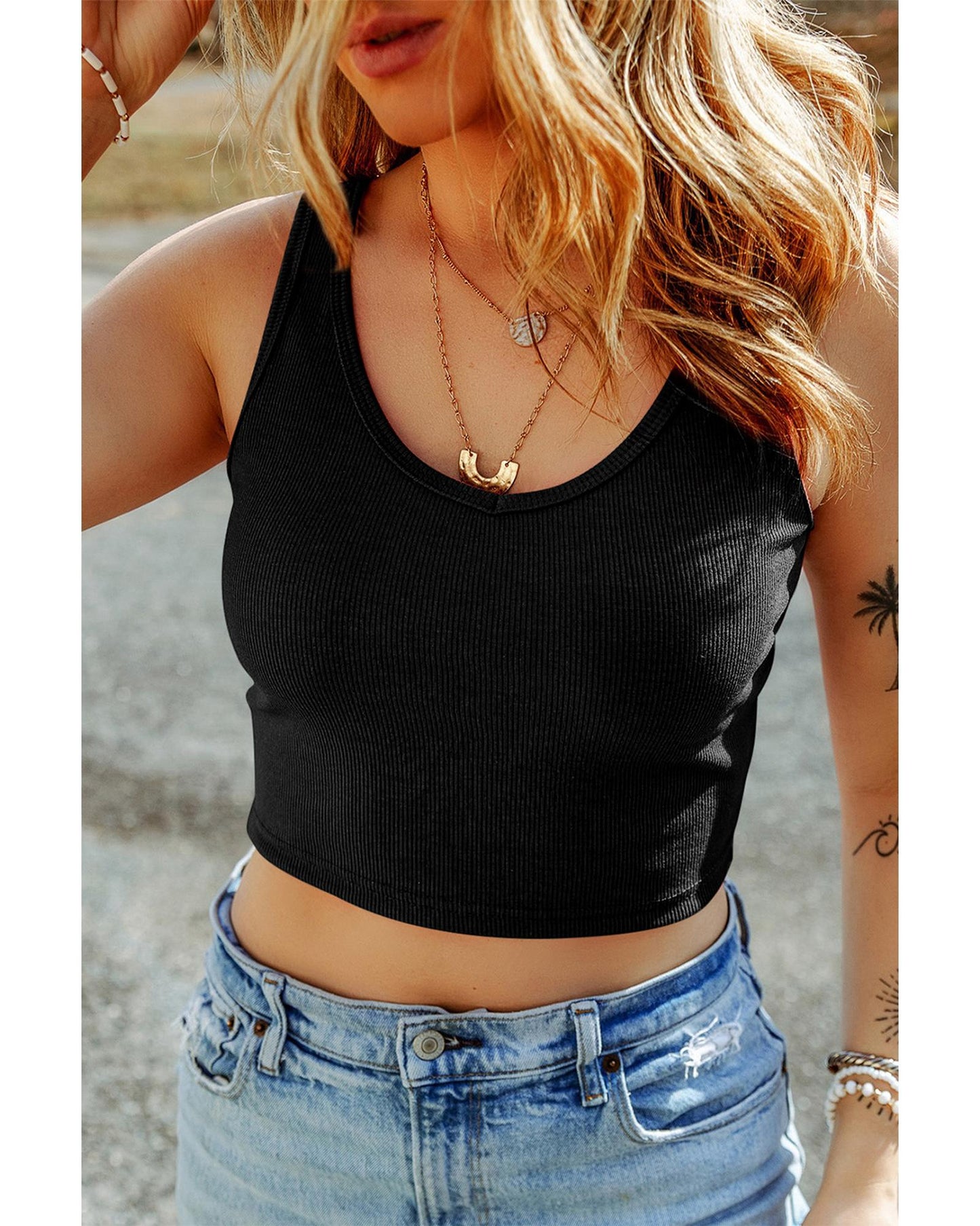 Black Ribbed Knit Sheath Sleeveless Crop Top - XL