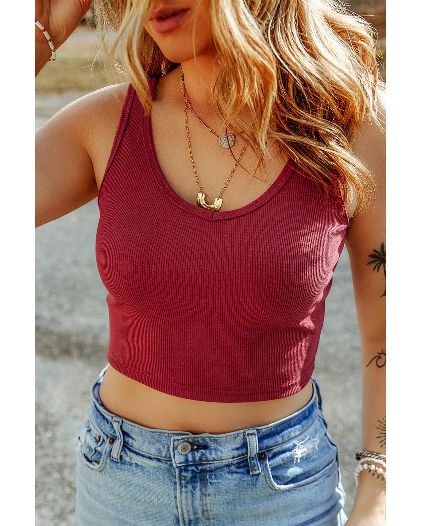 Racing Red Ribbed Knit Sheath Sleeveless Crop Top - XL