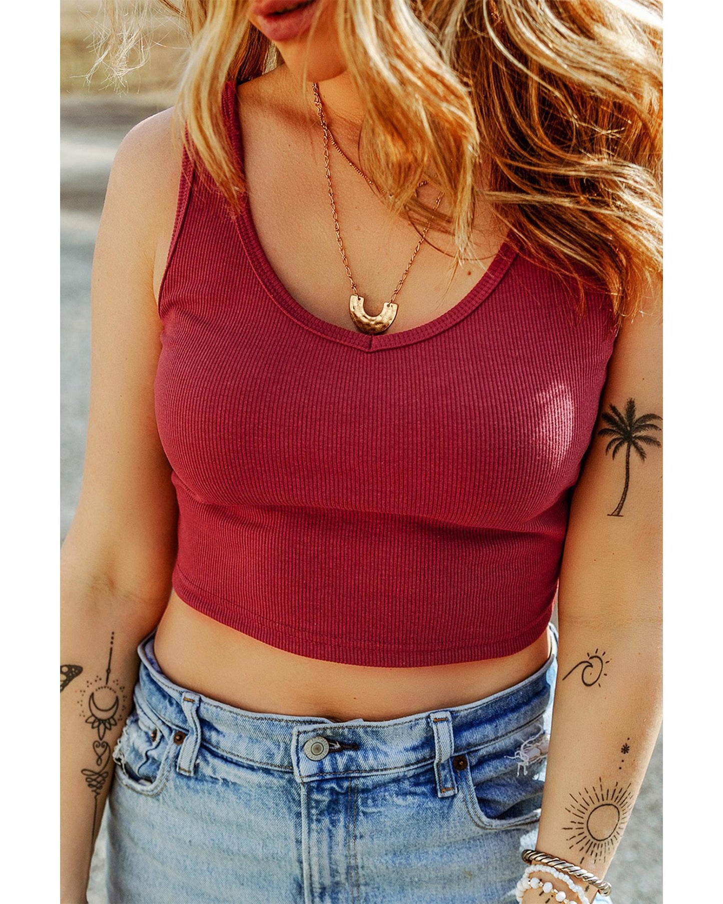 Racing Red Ribbed Knit Sheath Sleeveless Crop Top - XL