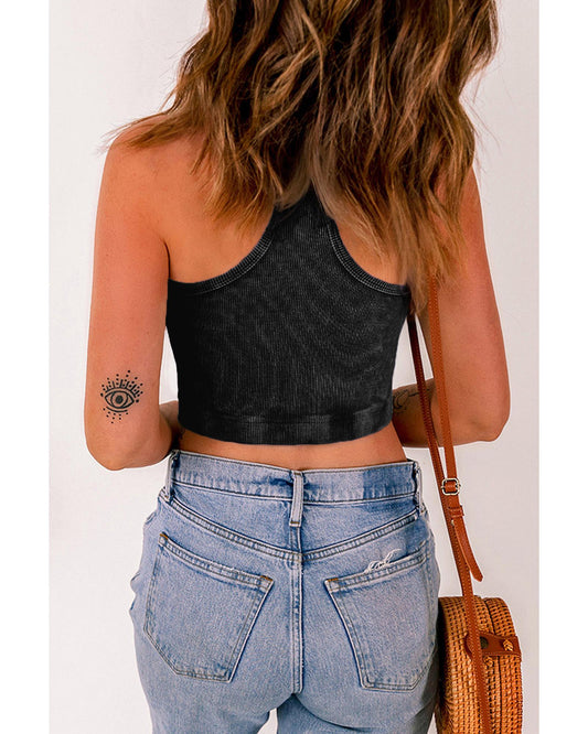 Black Ribbed Mineral Wash Racerback Cropped Tank Top - M