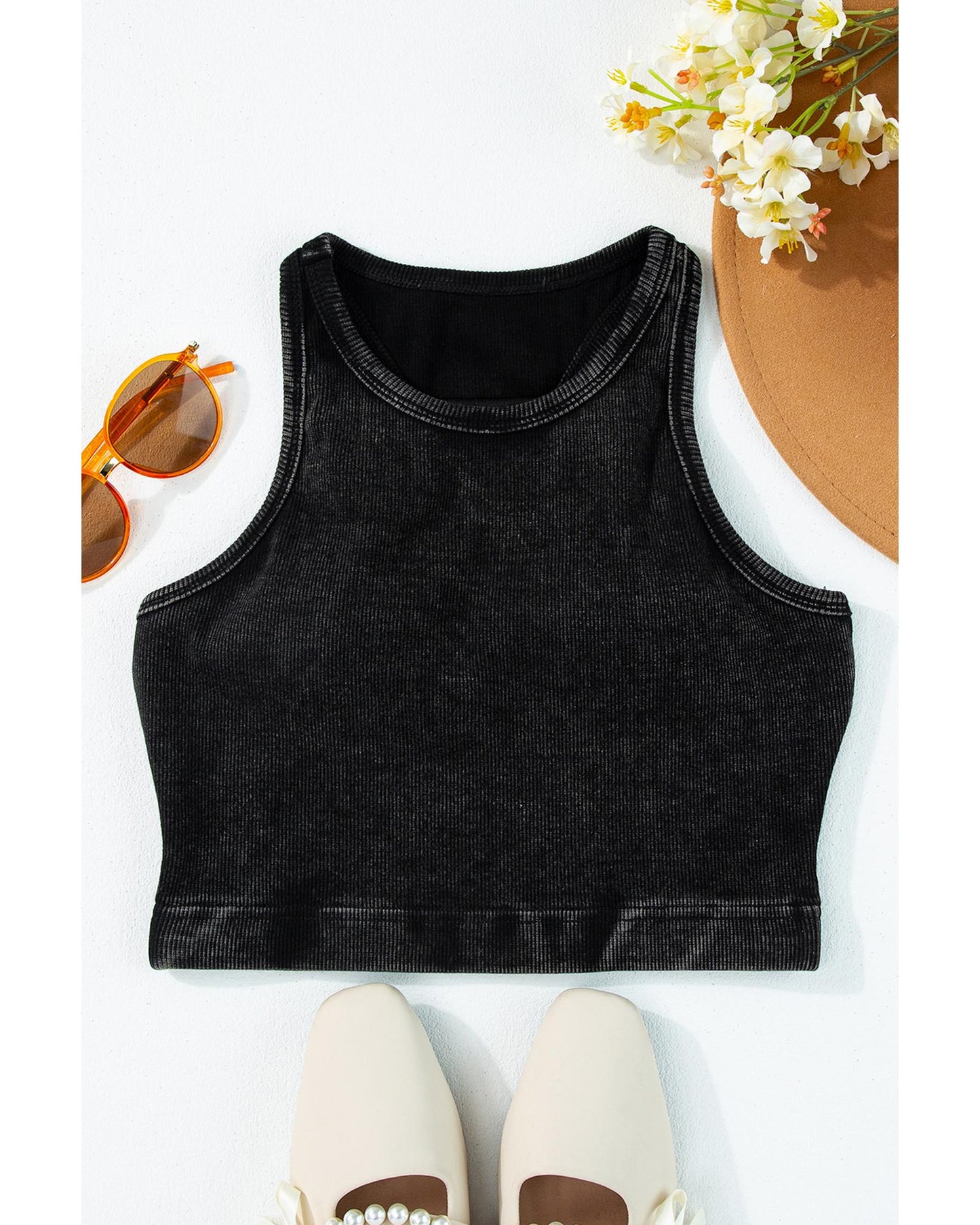 Black Ribbed Mineral Wash Racerback Cropped Tank Top - M