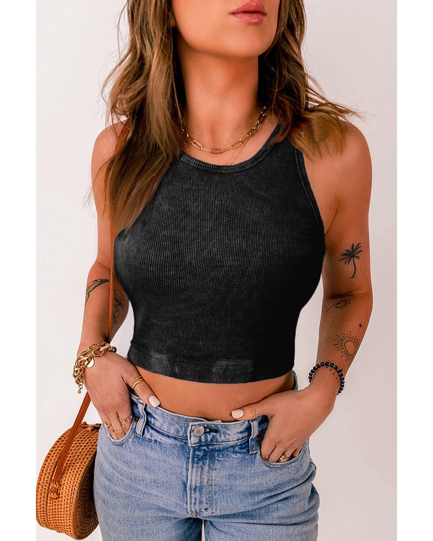 Black Ribbed Mineral Wash Racerback Cropped Tank Top - M
