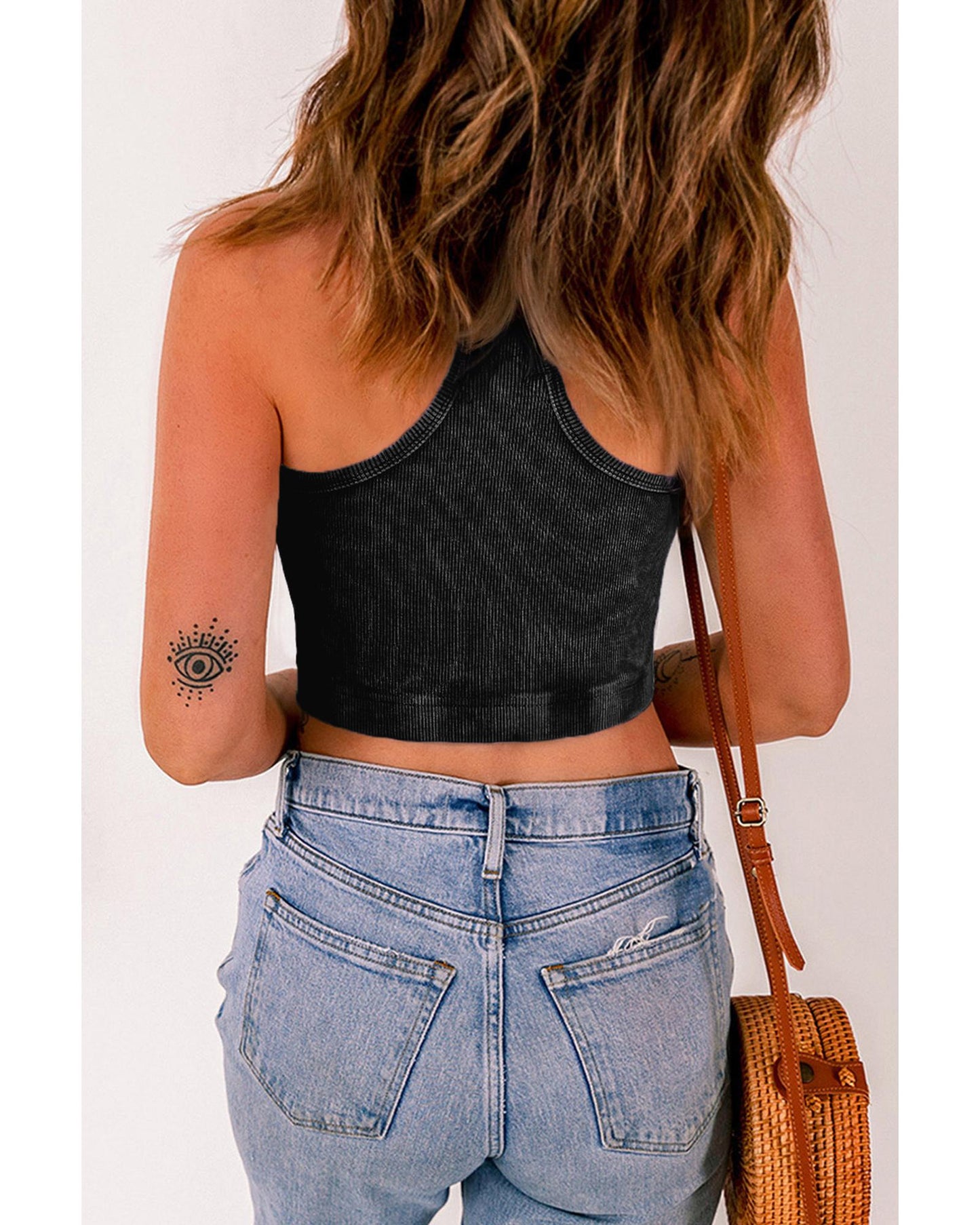 Black Ribbed Mineral Wash Racerback Cropped Tank Top - XL