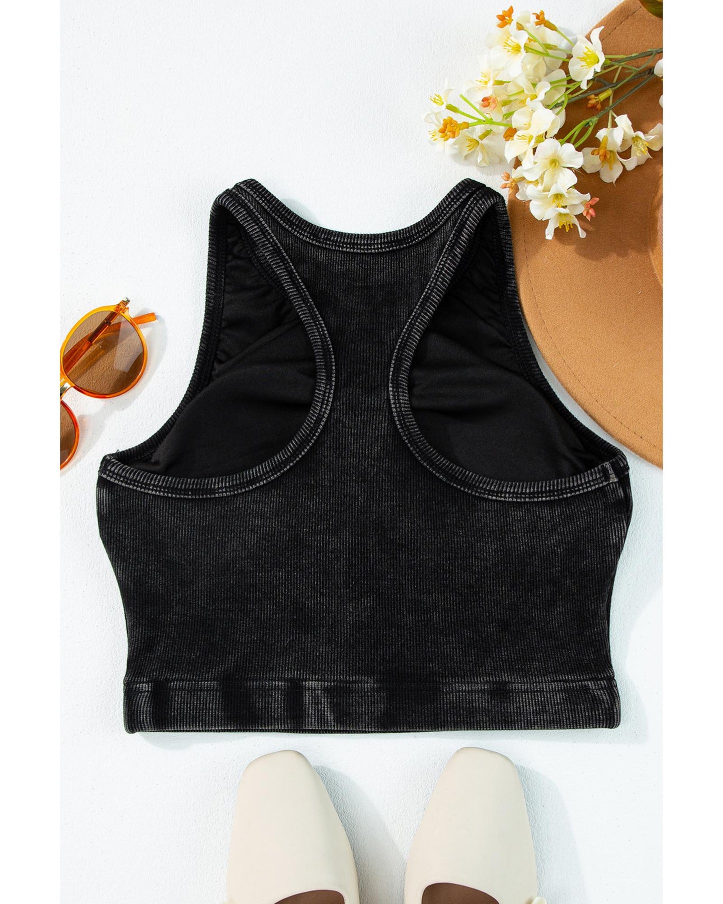 Black Ribbed Mineral Wash Racerback Cropped Tank Top - XL