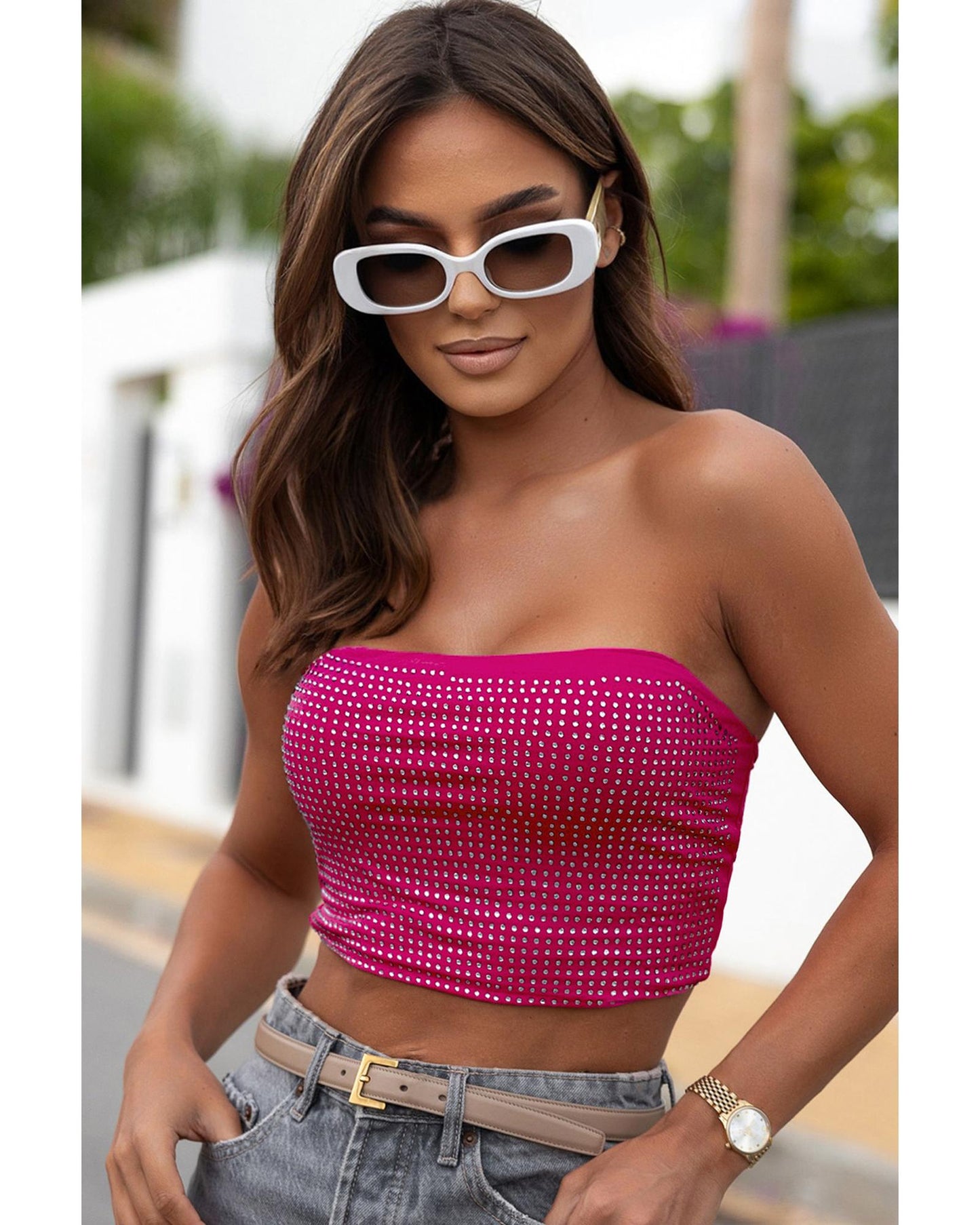 Rose Rhinestone Tube Crop Top - L