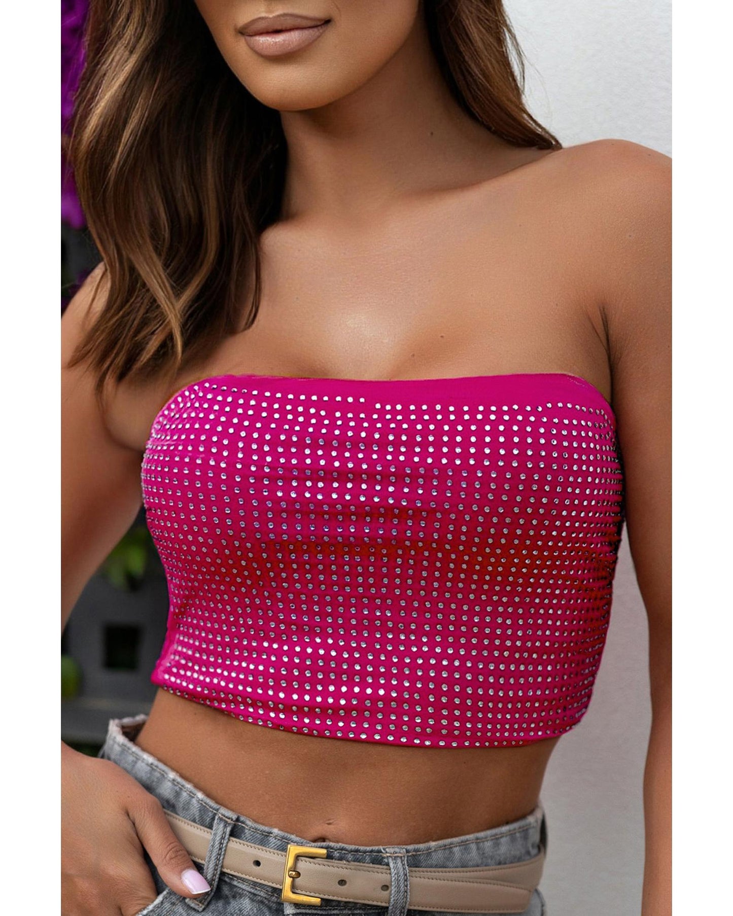 Rose Rhinestone Tube Crop Top - L