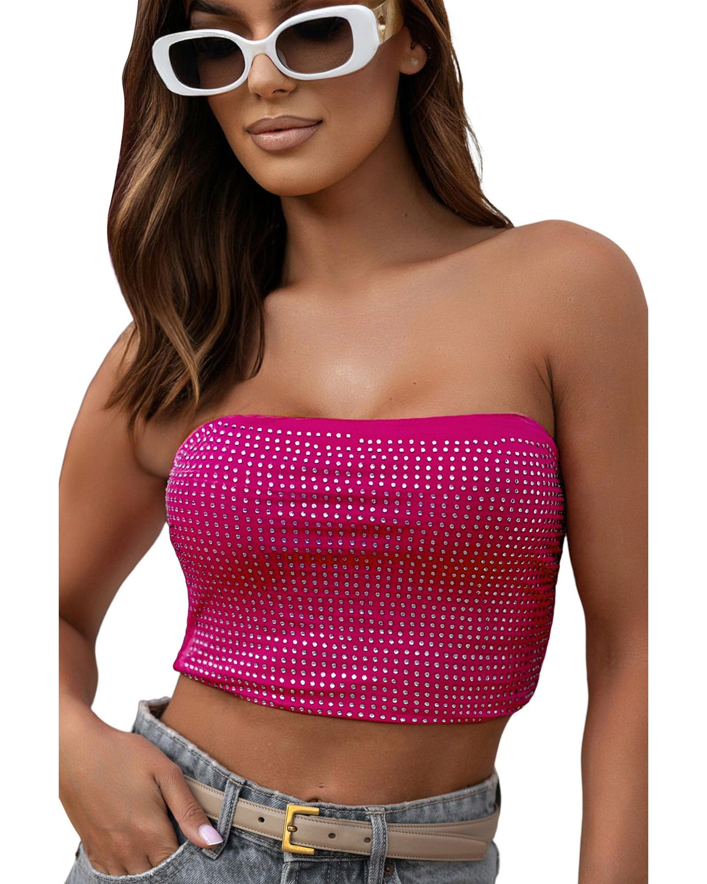 Rose Rhinestone Tube Crop Top - L