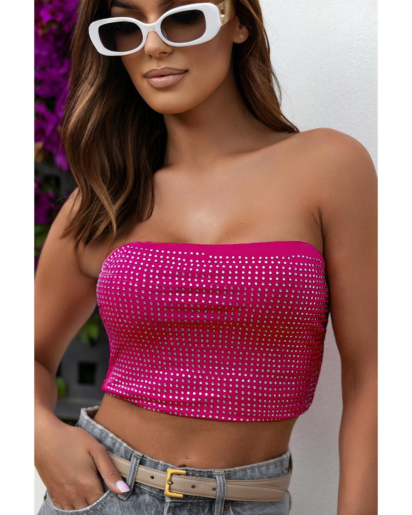 Rose Rhinestone Tube Crop Top - L