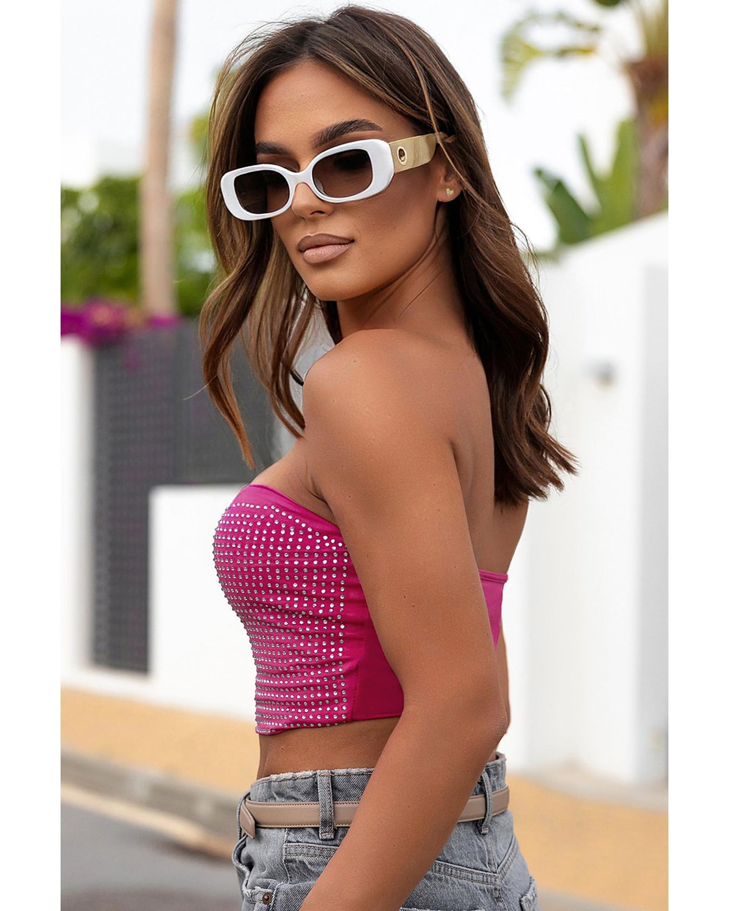 Rose Rhinestone Tube Crop Top - XL