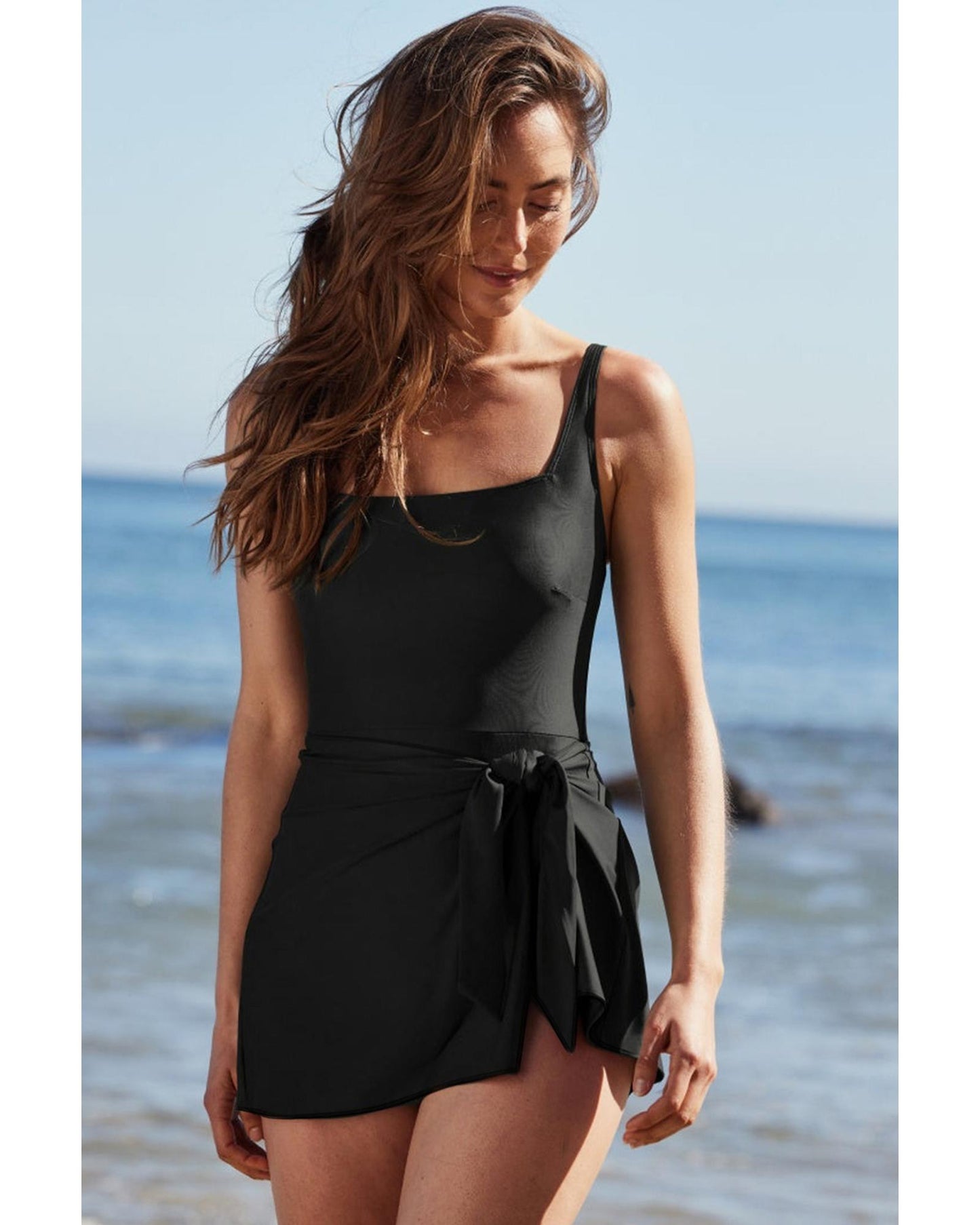 Black Side Tied Waist Square Neck Adjustable Straps A-line One Piece Swim Dress - L