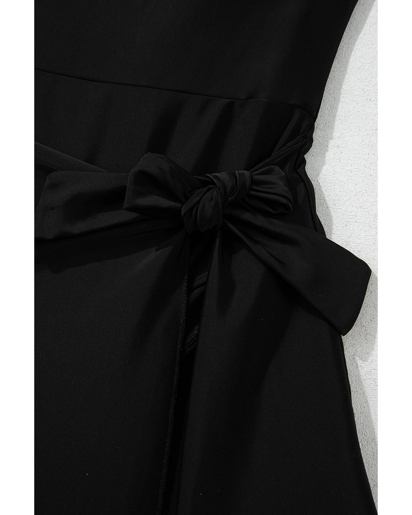 Black Side Tied Waist Square Neck Adjustable Straps A-line One Piece Swim Dress - M