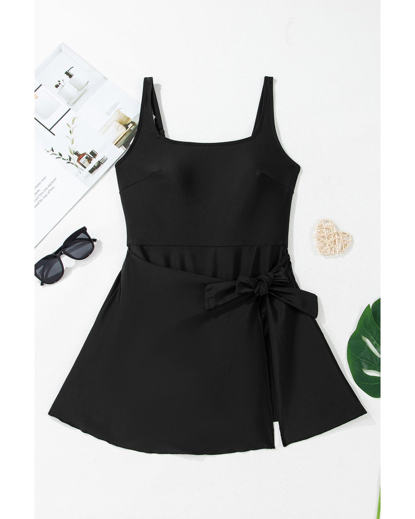 Black Side Tied Waist Square Neck Adjustable Straps A-line One Piece Swim Dress - S