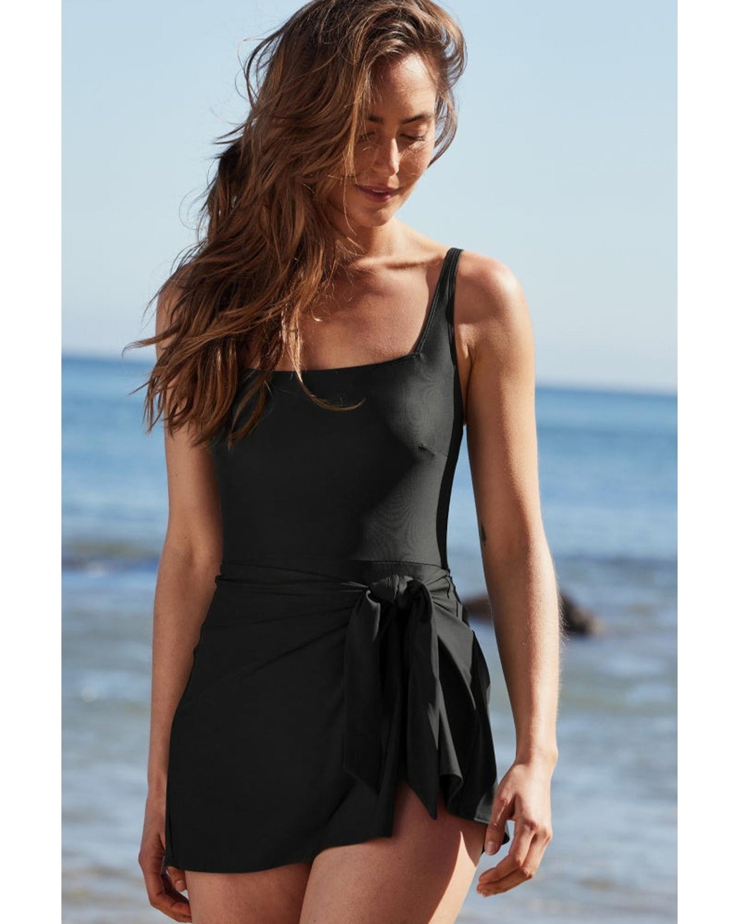 Black Side Tied Waist Square Neck Adjustable Straps A-line One Piece Swim Dress - XL