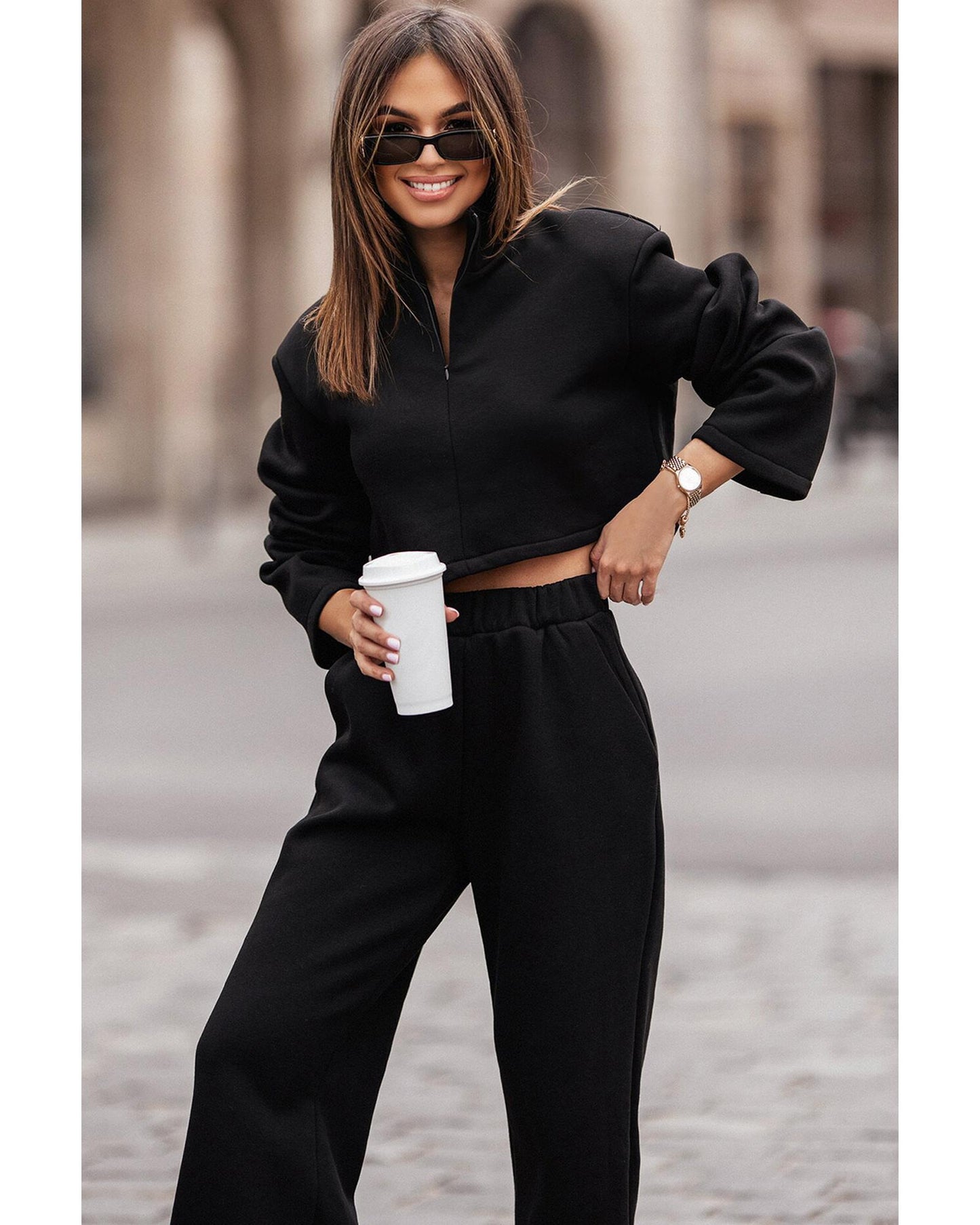 Black Zipped Collared Crop Top and Wide Leg Pants Set - L