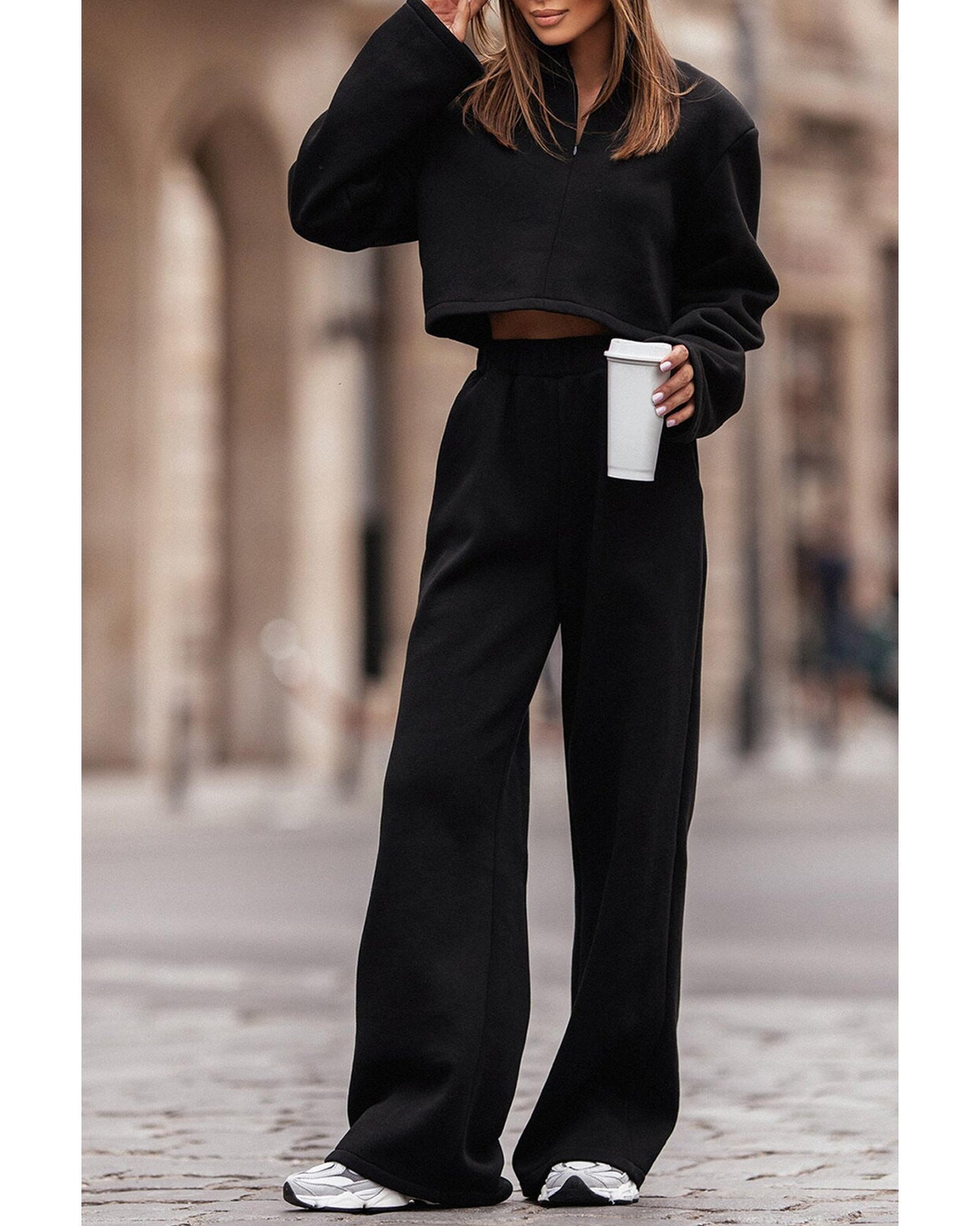 Black Zipped Collared Crop Top and Wide Leg Pants Set - L