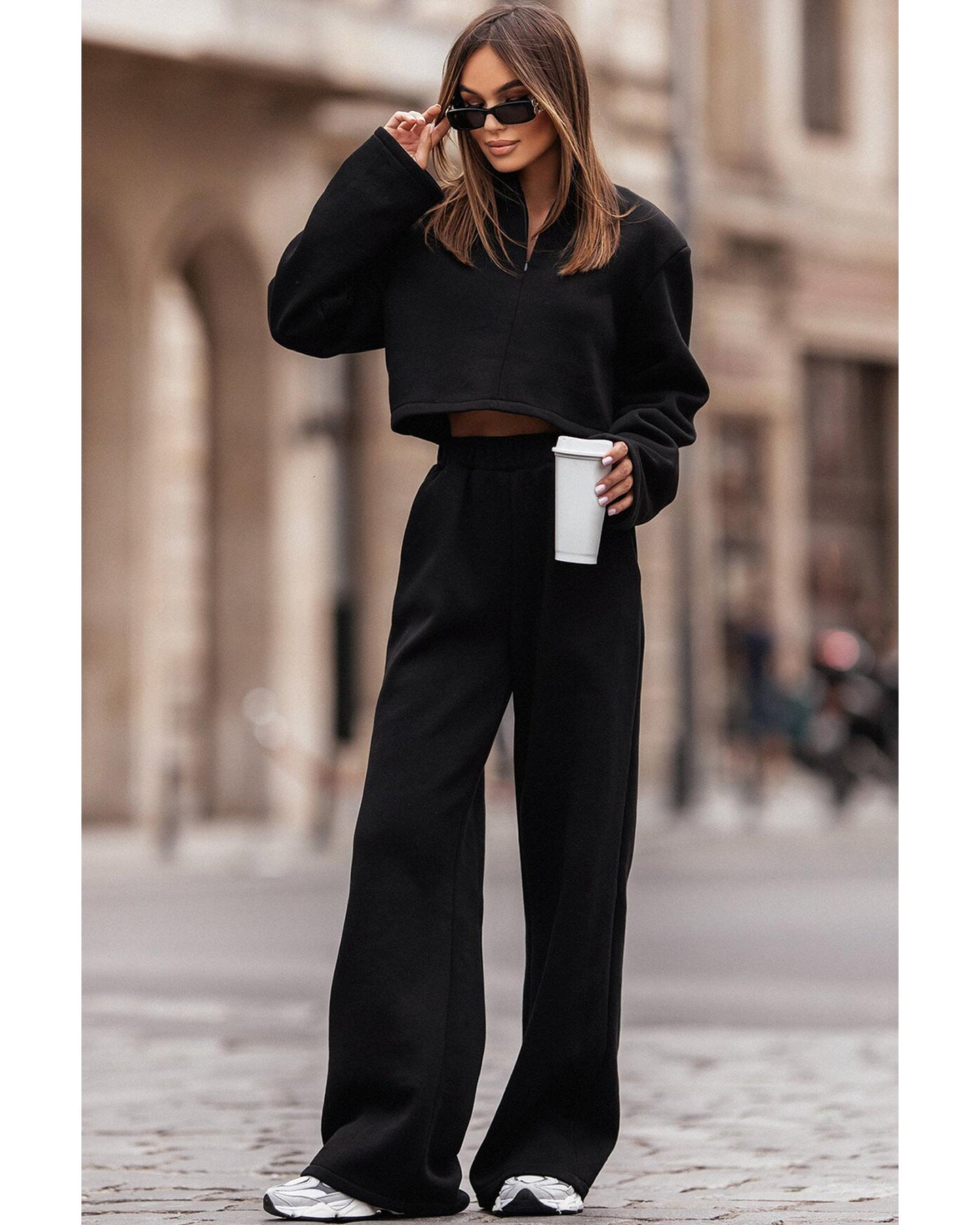 Black Zipped Collared Crop Top and Wide Leg Pants Set - L