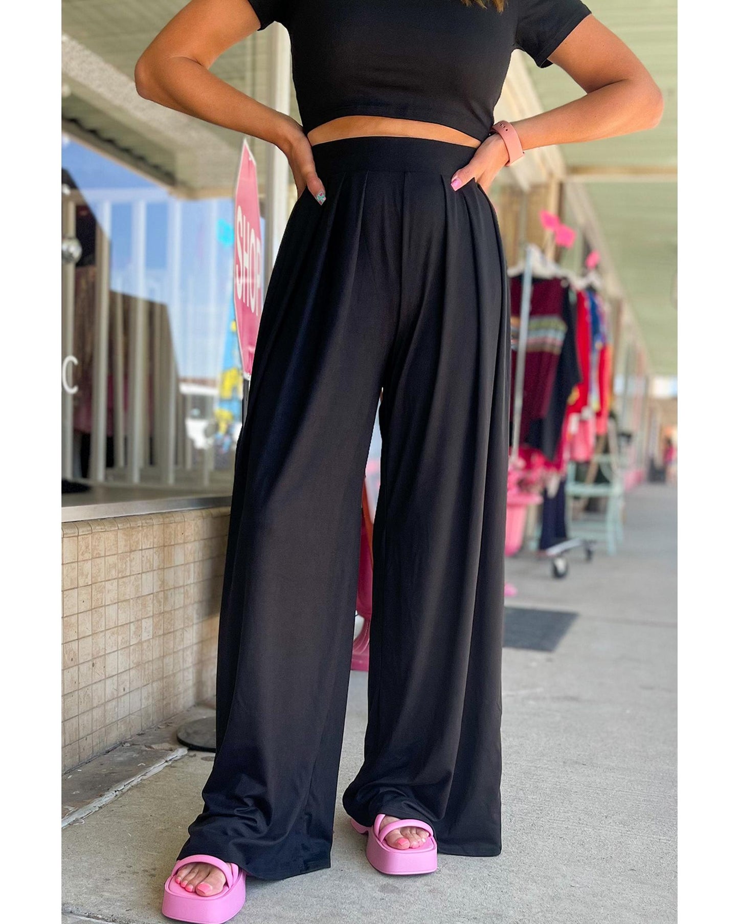 Black Slim Fit Crop Top and Pleated Wide Leg Pants Set - L