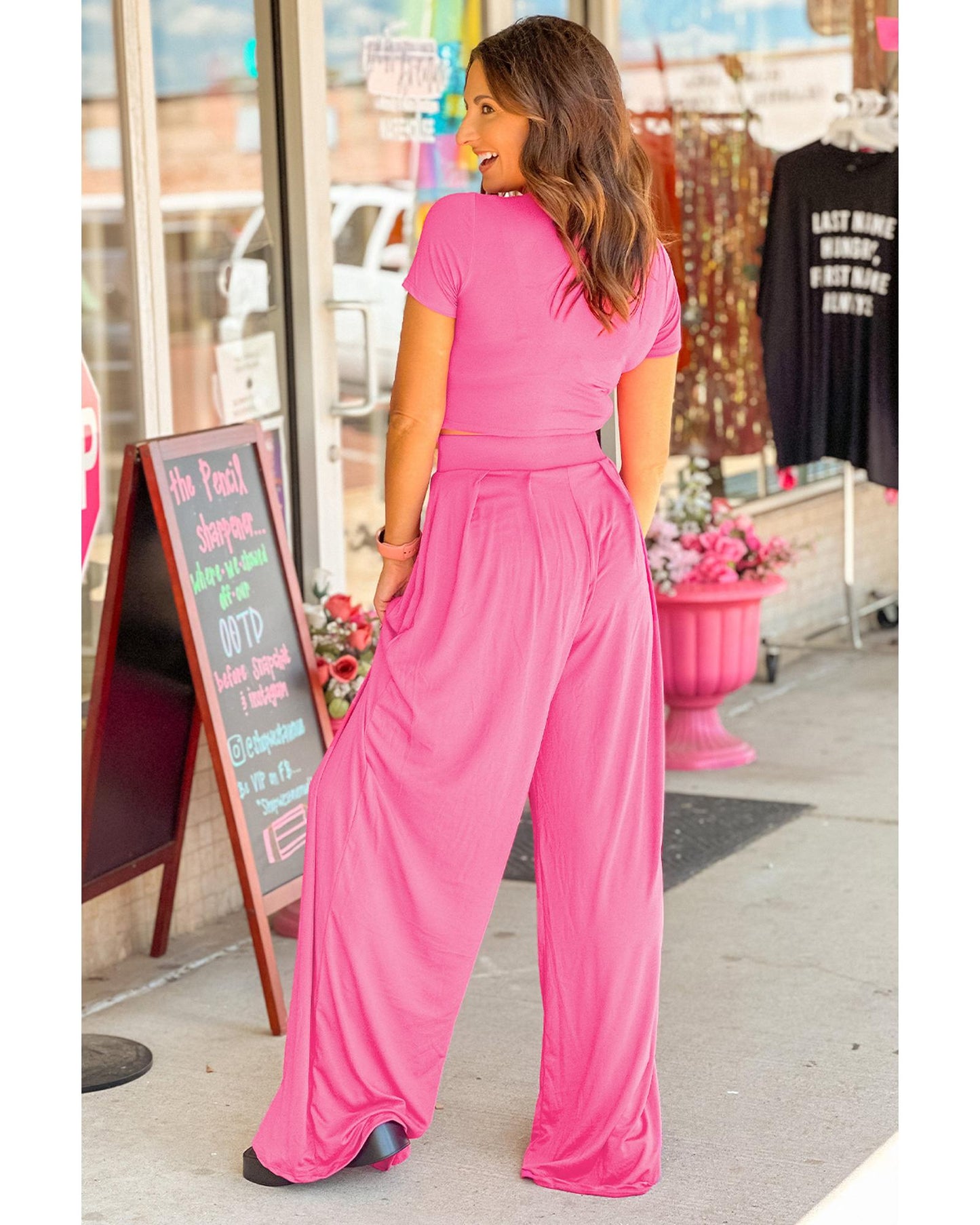 Strawberry Pink Slim Fit Crop Top and Pleated Wide Leg Pants Set - L