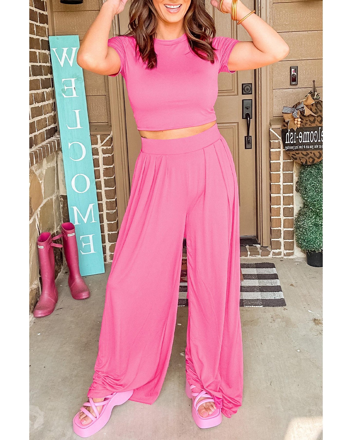 Strawberry Pink Slim Fit Crop Top and Pleated Wide Leg Pants Set - XL