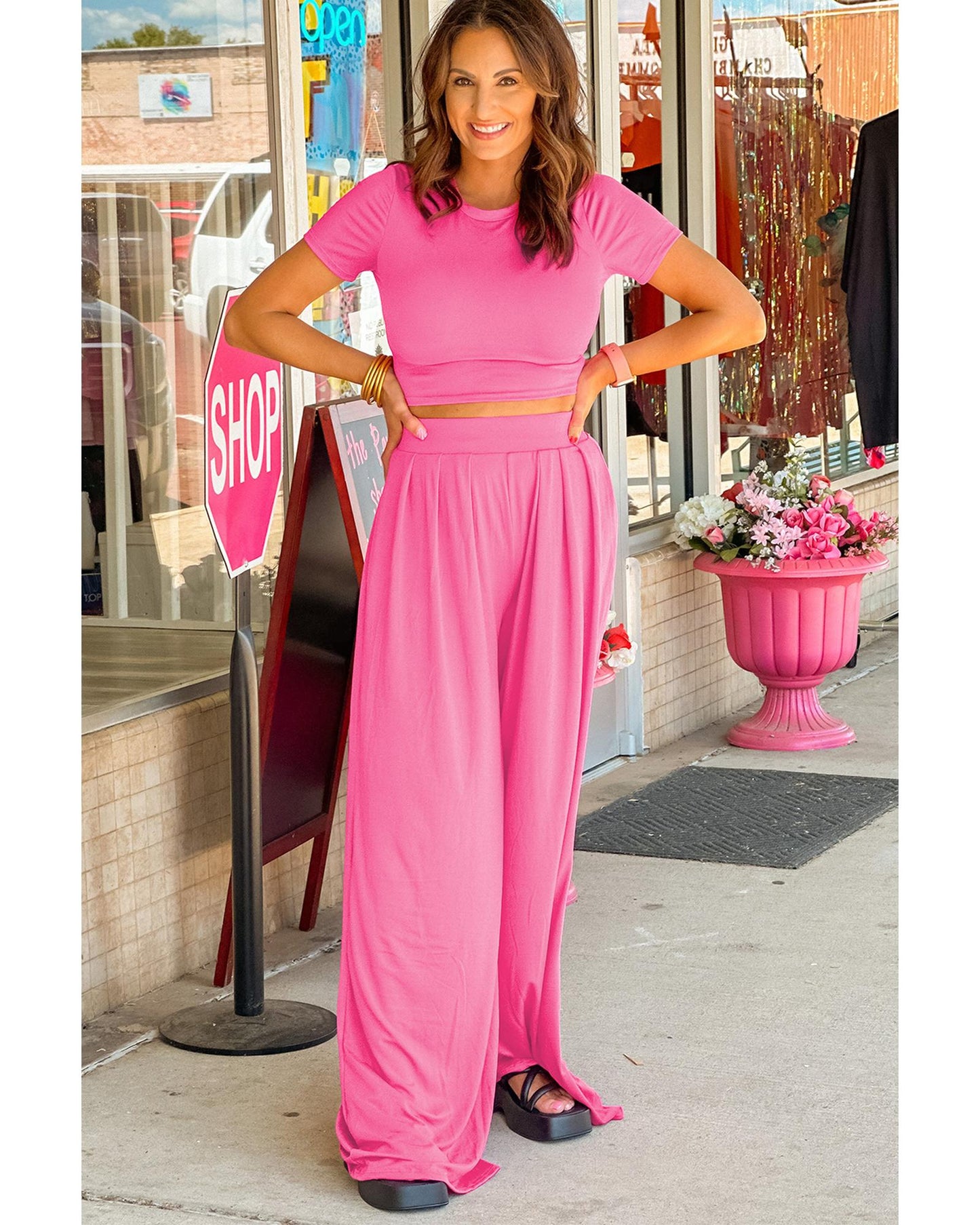 Strawberry Pink Slim Fit Crop Top and Pleated Wide Leg Pants Set - XL