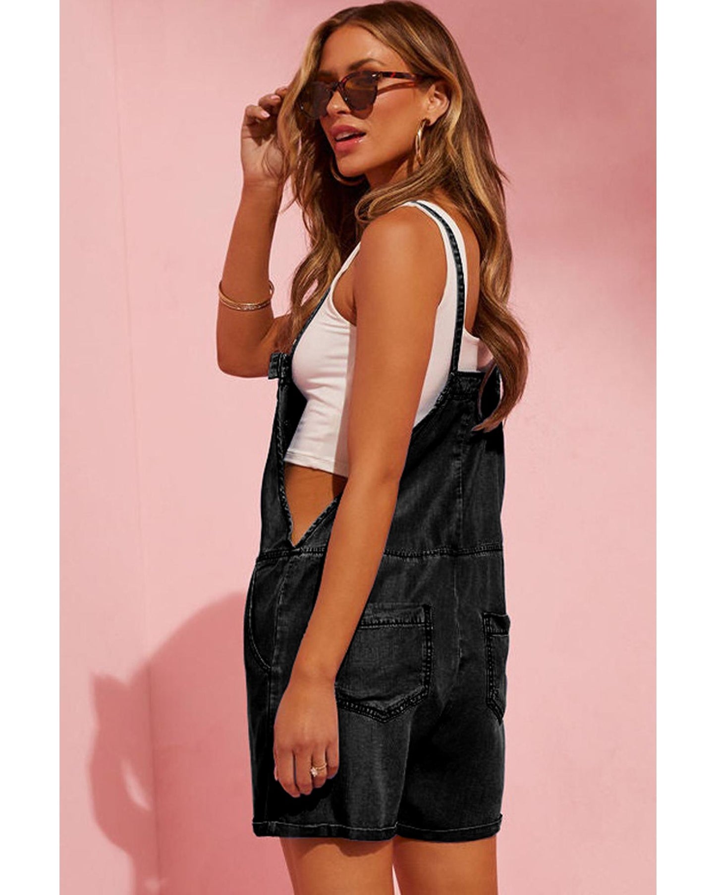 Black Grommet Tie Straps Casual Denim Romper - S