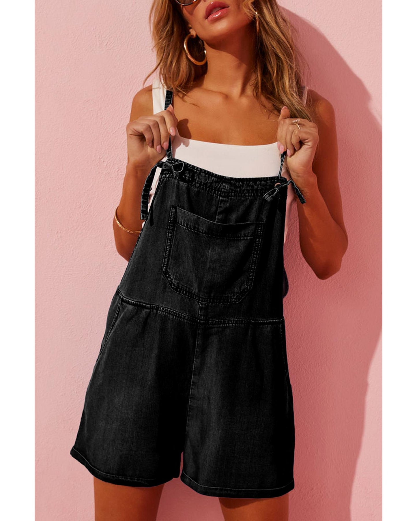 Black Grommet Tie Straps Casual Denim Romper - S