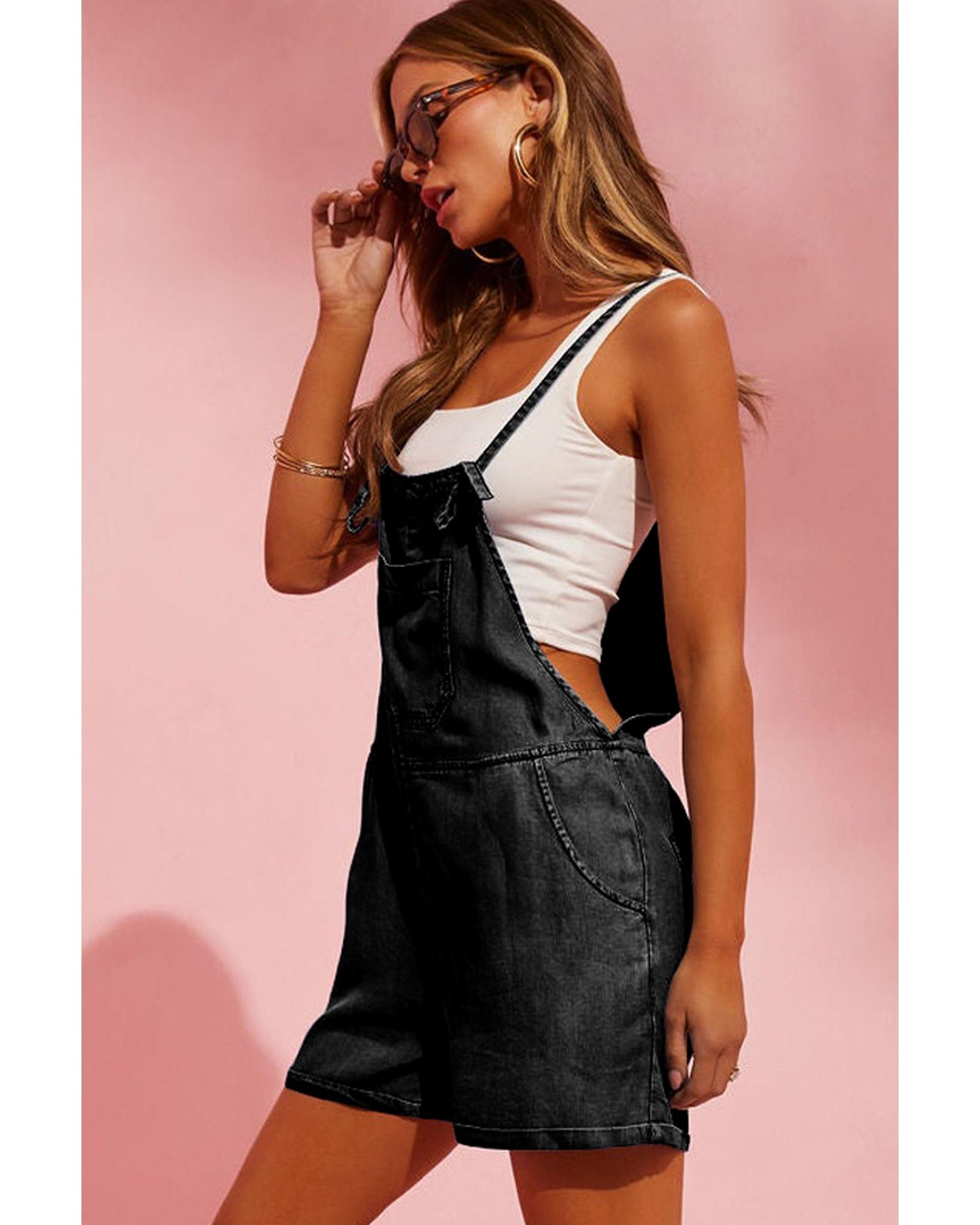 Black Grommet Tie Straps Casual Denim Romper - S