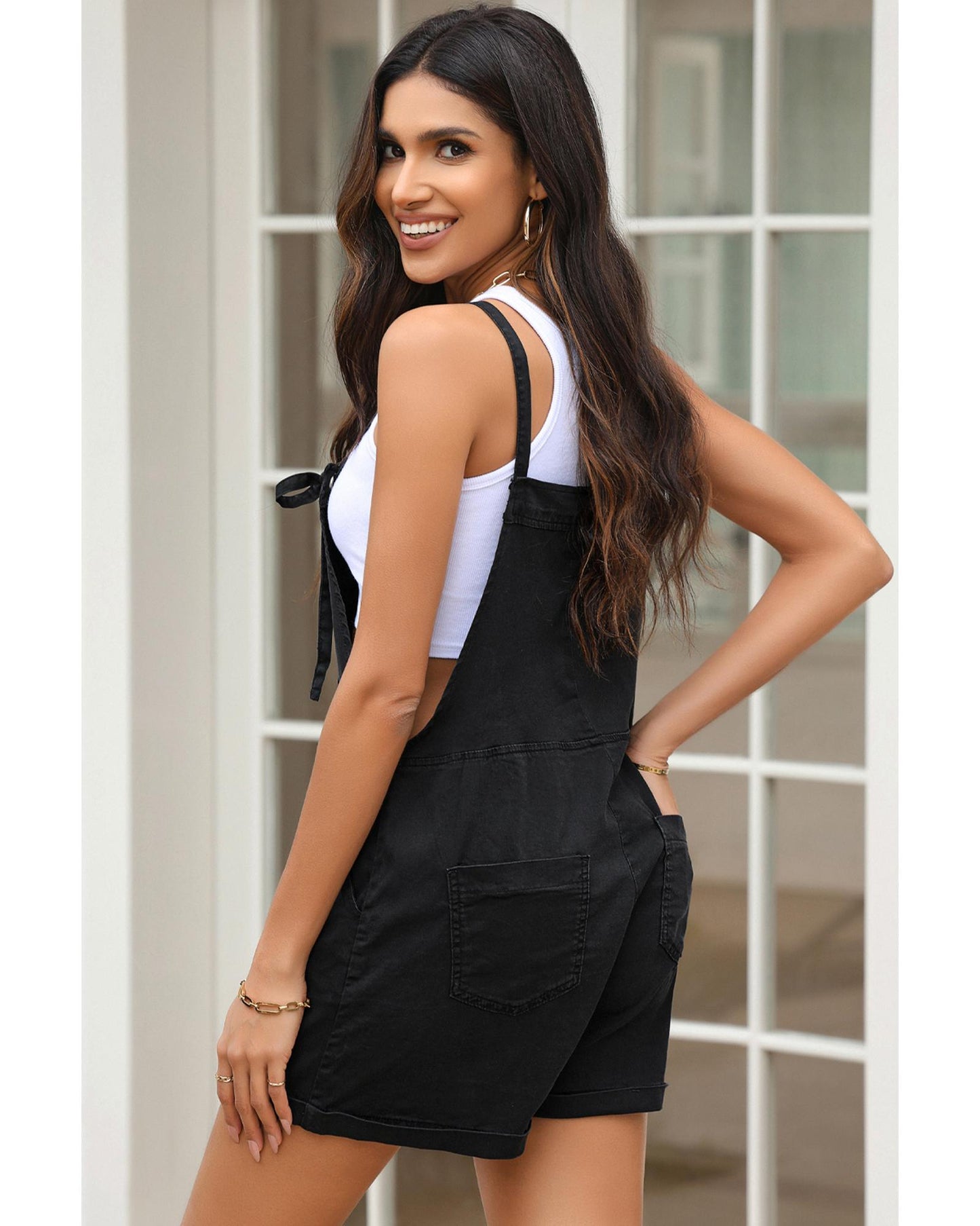 Black Grommet Tie Straps Casual Denim Romper - S