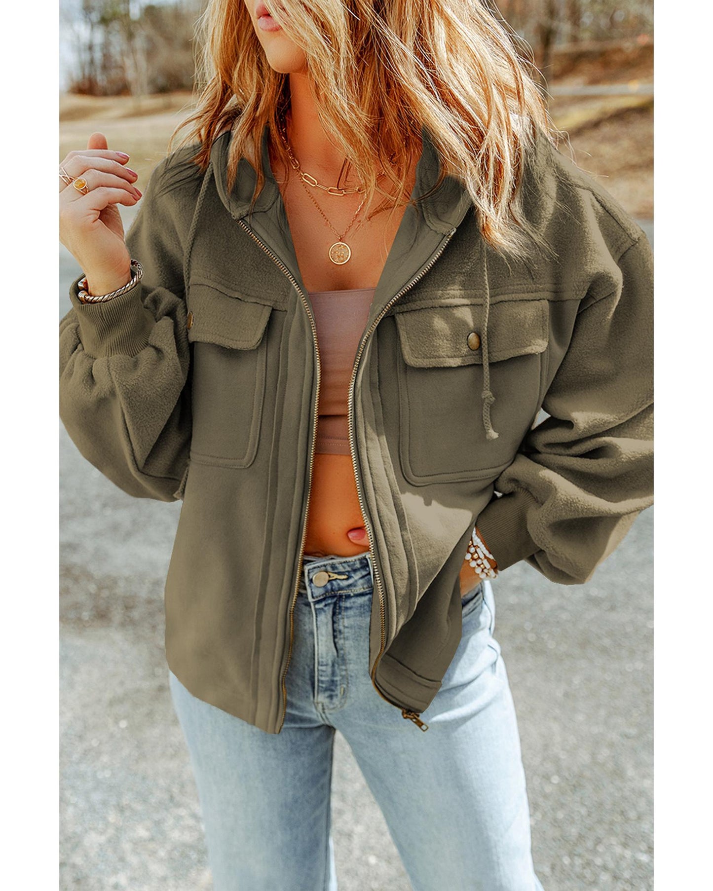 Green Flap Pocket Drawstring Hood Zip Up Jacket - L