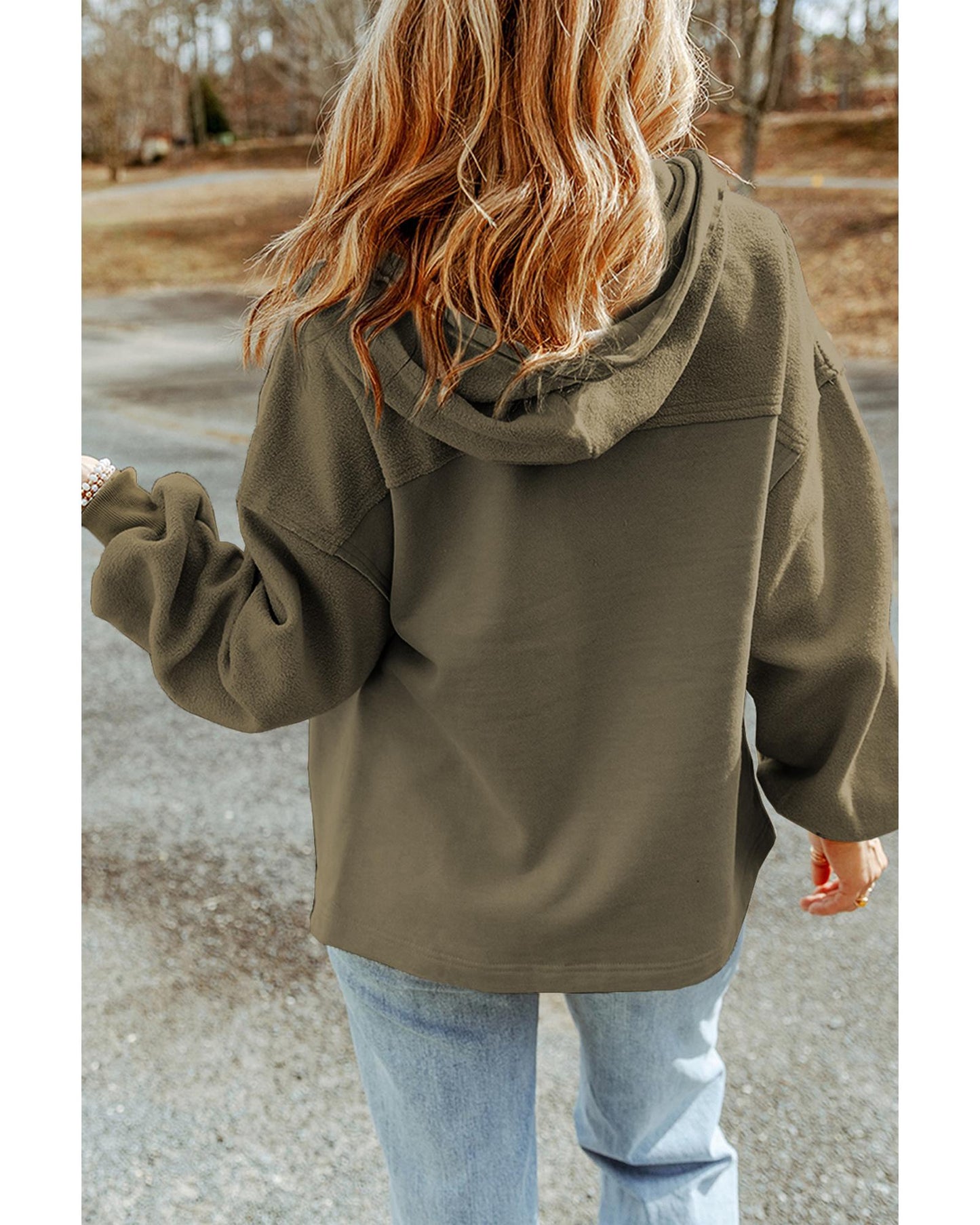 Green Flap Pocket Drawstring Hood Zip Up Jacket - L