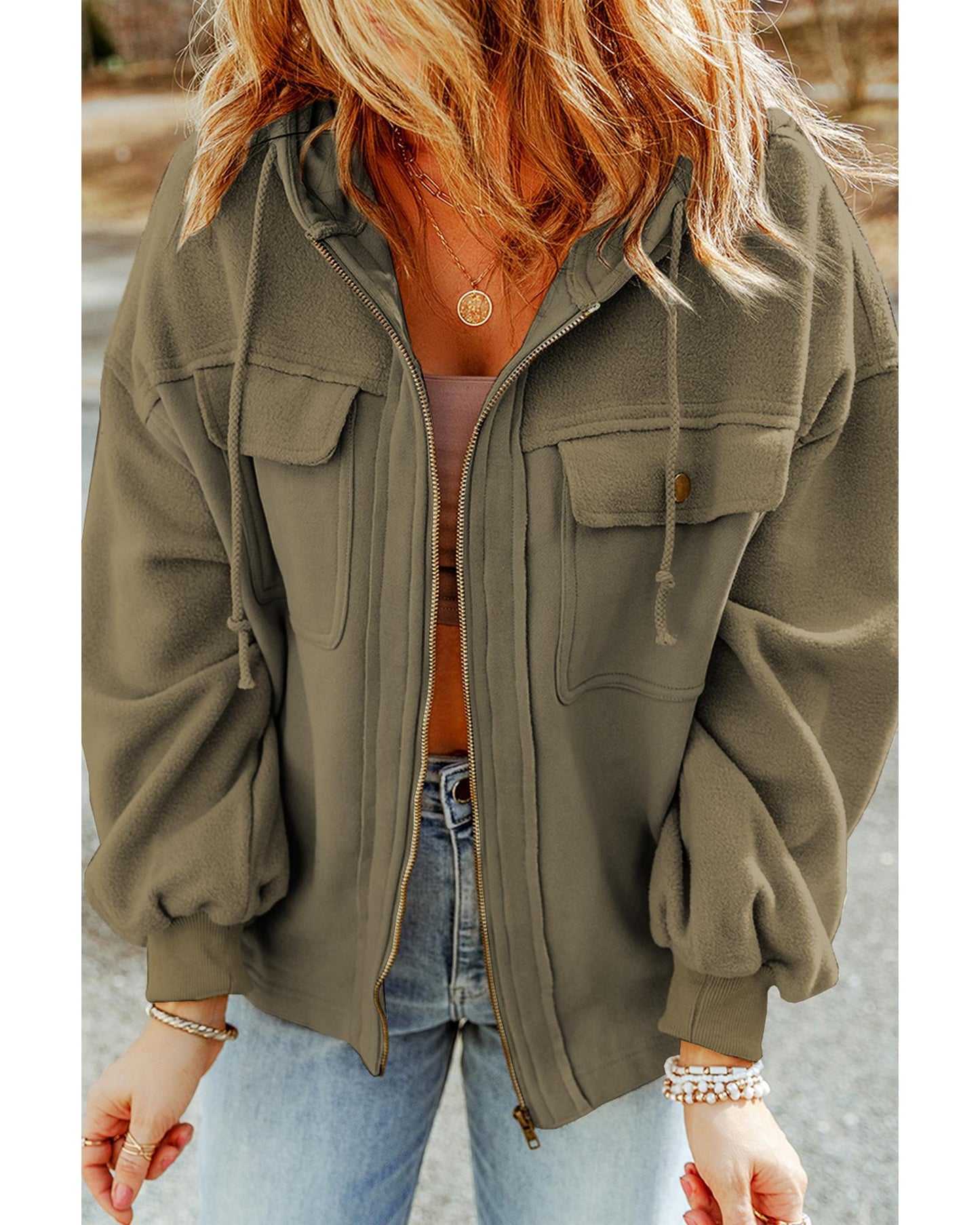 Green Flap Pocket Drawstring Hood Zip Up Jacket - M