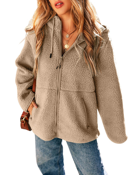 Pale Khaki Fleece Zip Up Drawstring Hooded Pocketed Jacket - 2XL