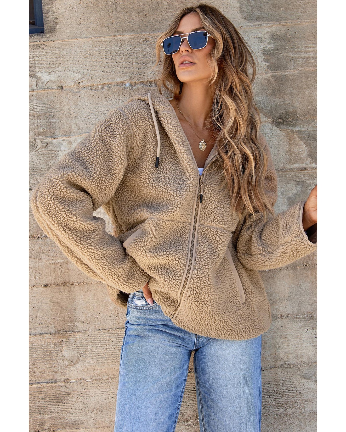 Pale Khaki Fleece Zip Up Drawstring Hooded Pocketed Jacket - 2XL