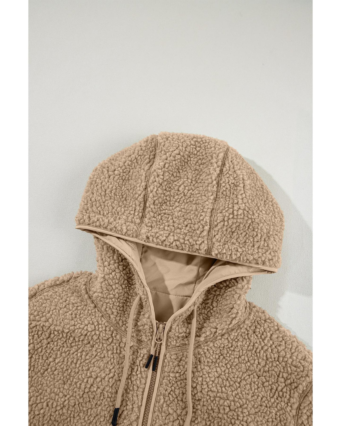 Pale Khaki Fleece Zip Up Drawstring Hooded Pocketed Jacket - 2XL