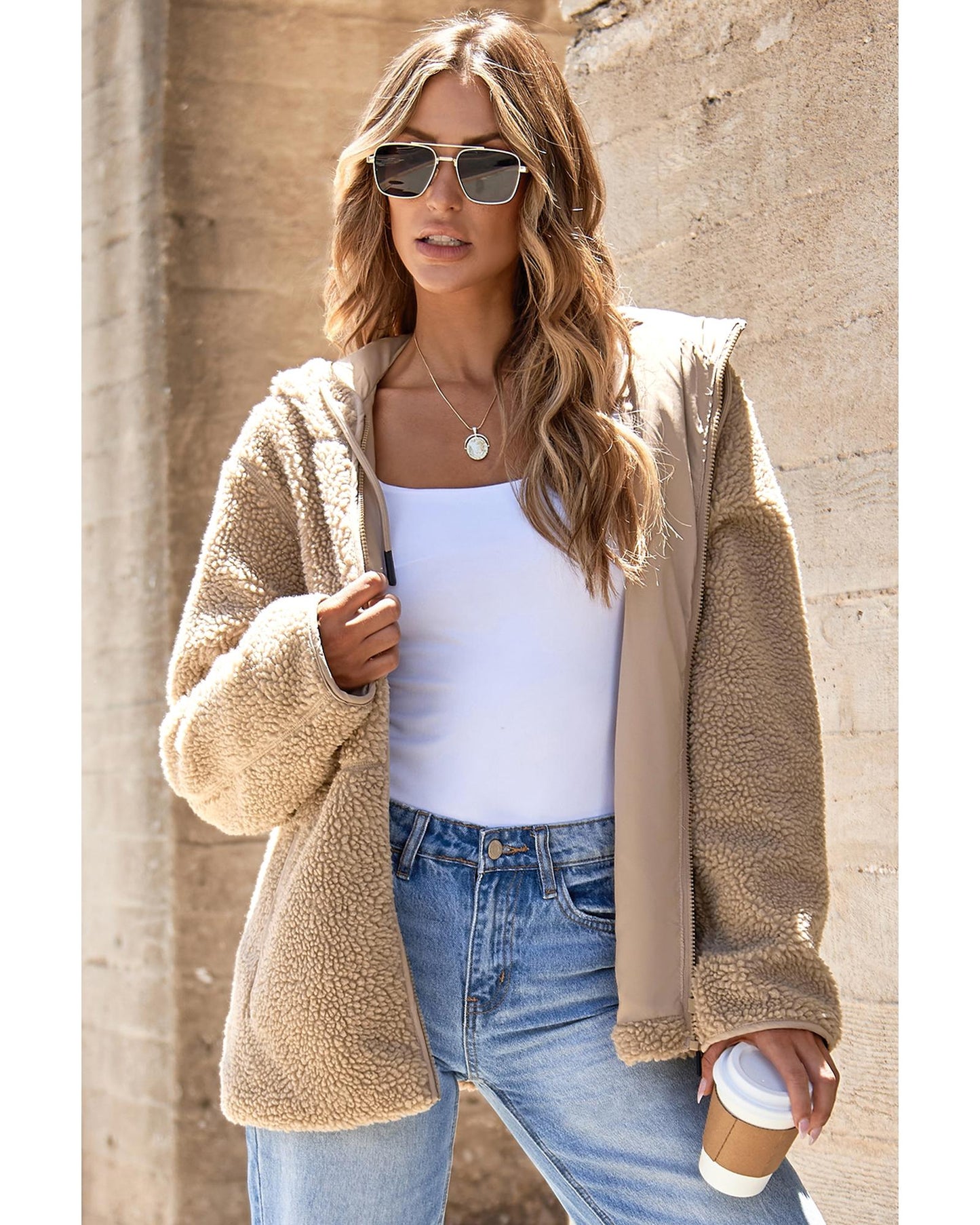 Pale Khaki Fleece Zip Up Drawstring Hooded Pocketed Jacket - 2XL