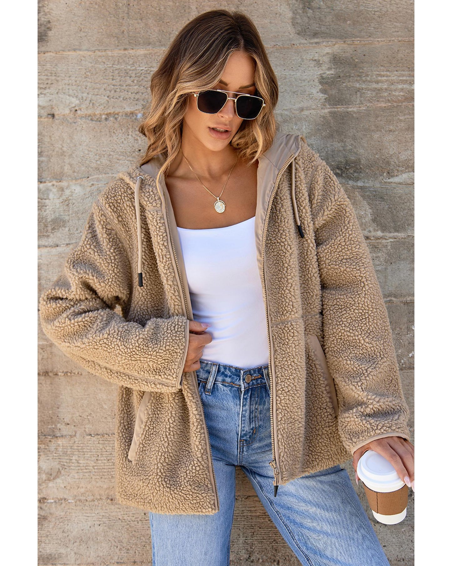 Pale Khaki Fleece Zip Up Drawstring Hooded Pocketed Jacket - 2XL