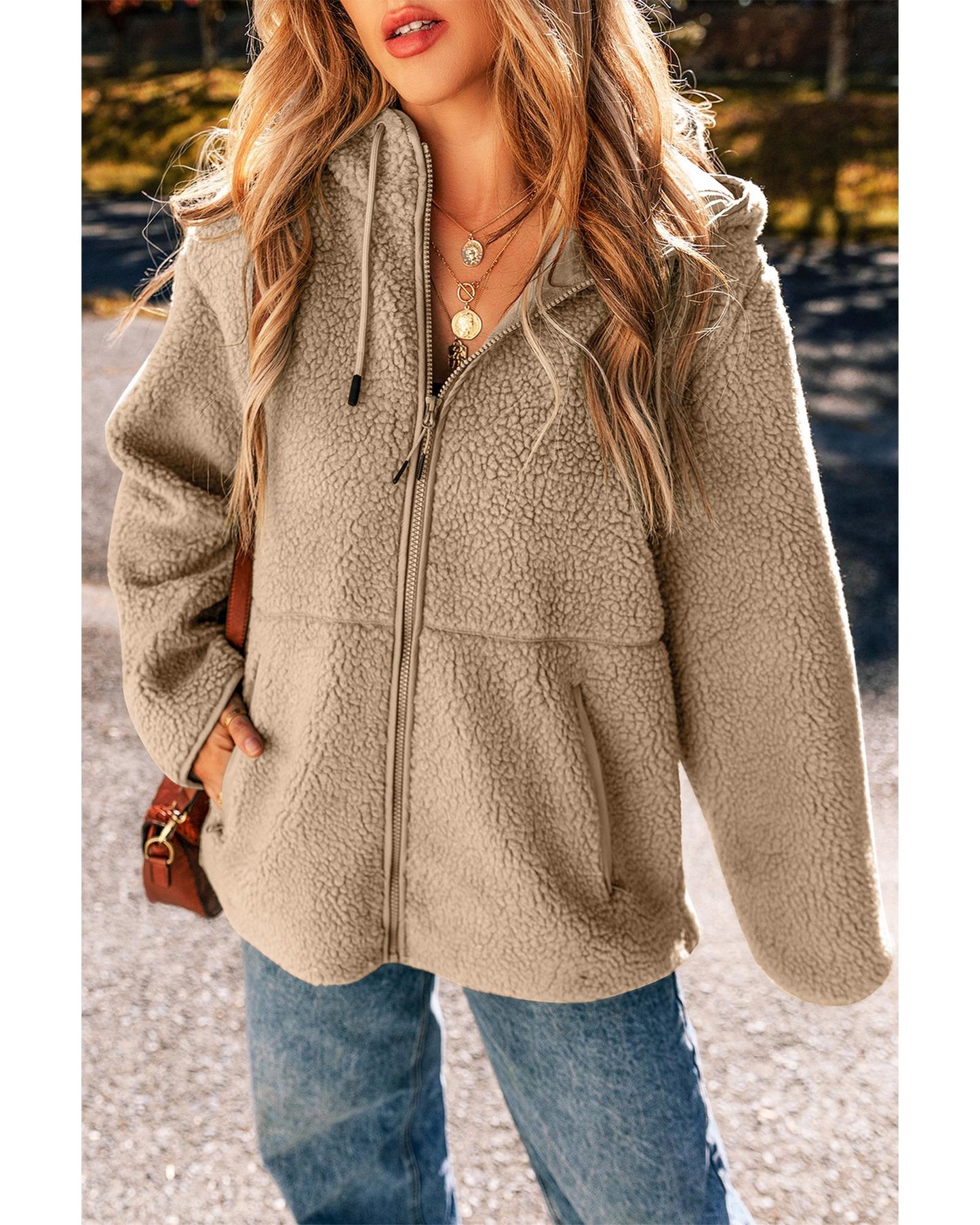 Pale Khaki Fleece Zip Up Drawstring Hooded Pocketed Jacket - 2XL