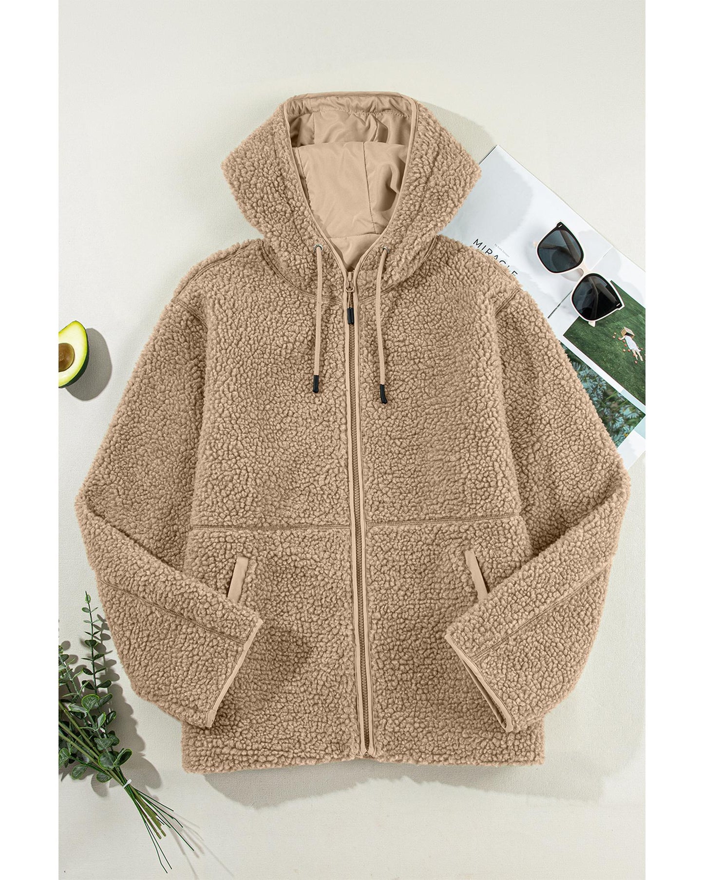 Pale Khaki Fleece Zip Up Drawstring Hooded Pocketed Jacket - L