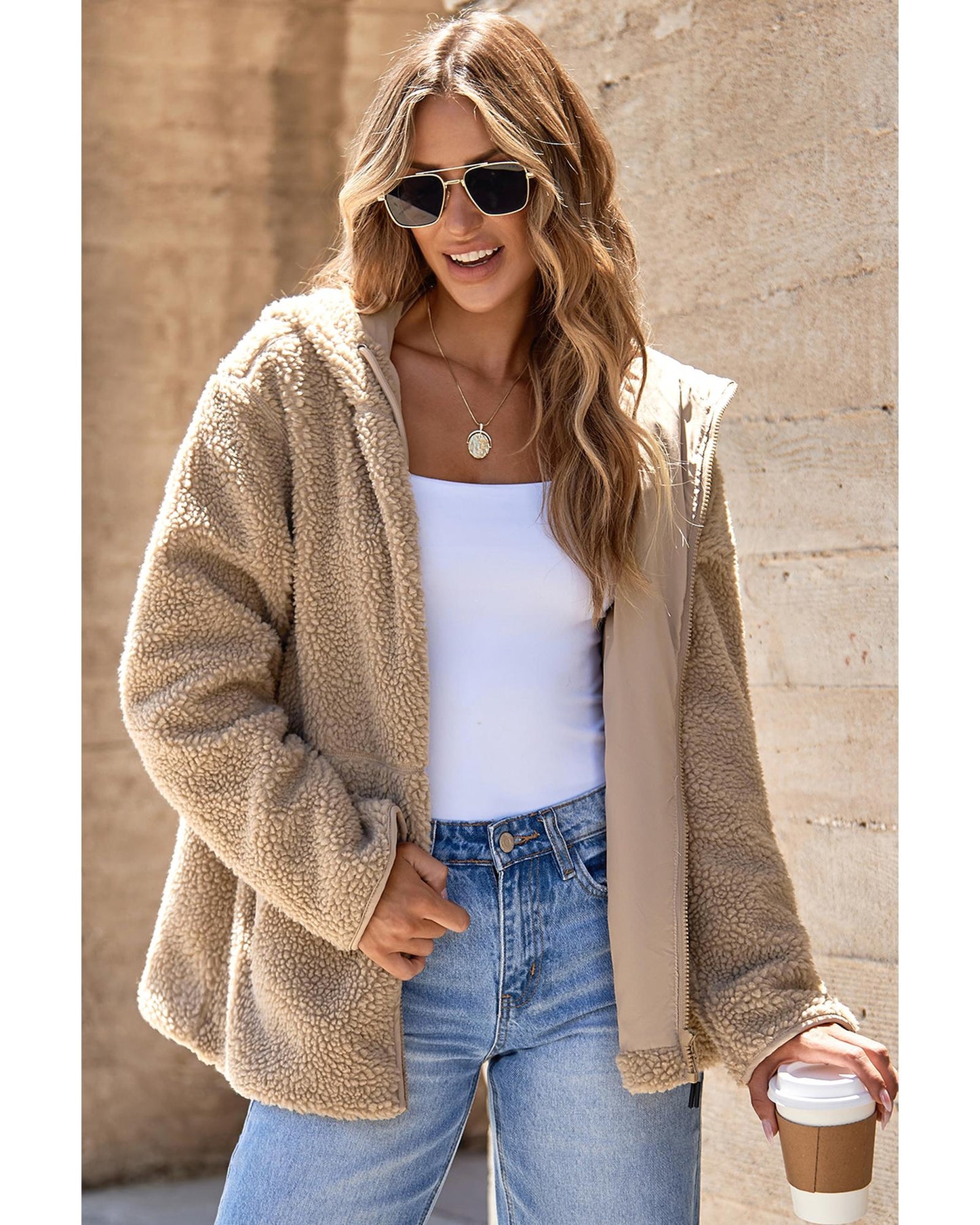 Pale Khaki Fleece Zip Up Drawstring Hooded Pocketed Jacket - M