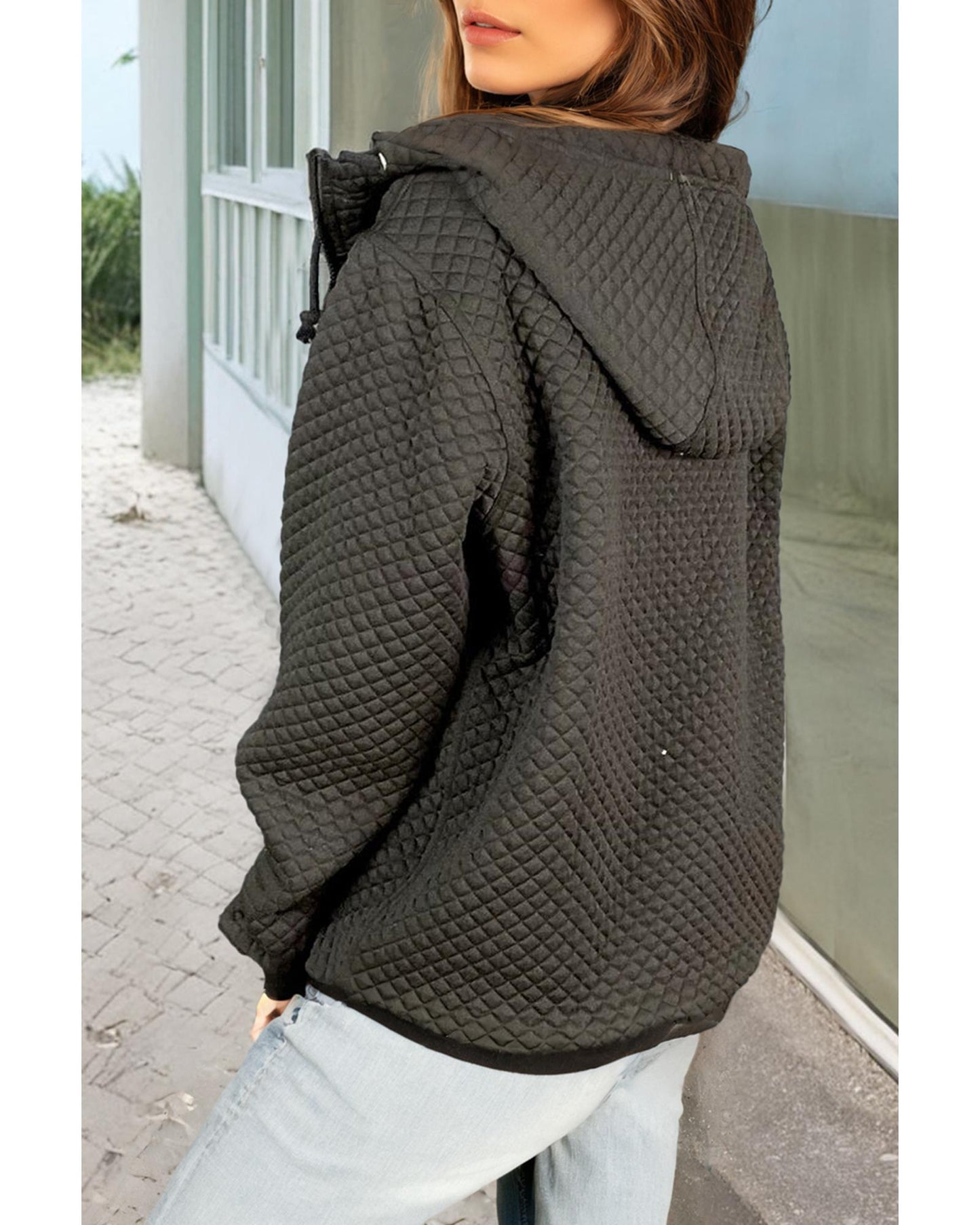 Black Quilted Side Pockets Zipper Hooded Jacket - L