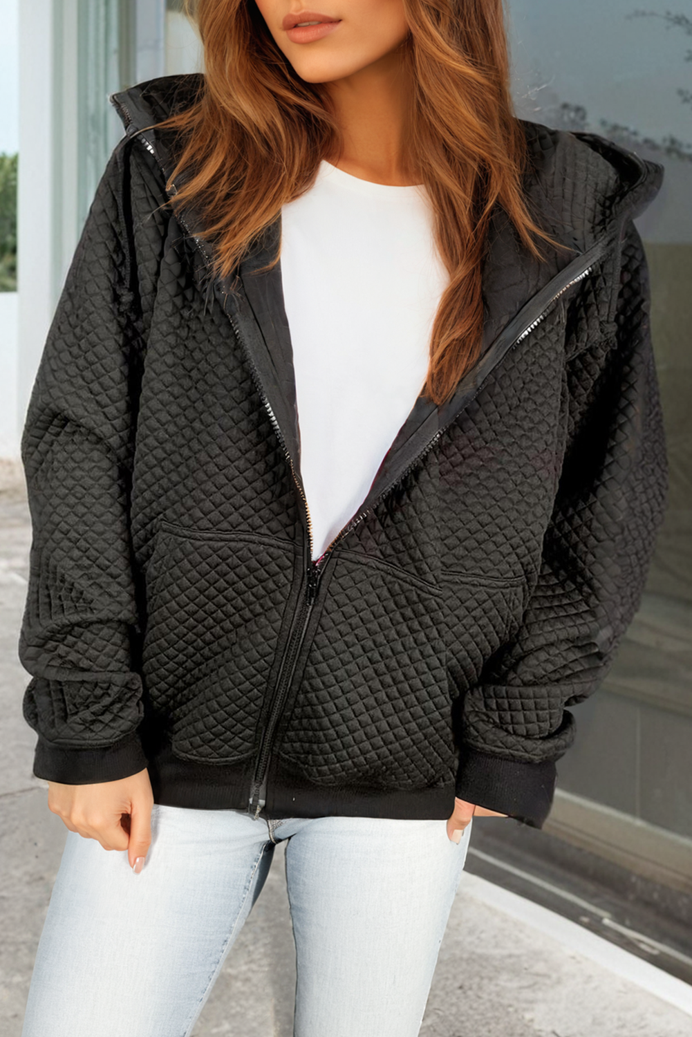 Black Quilted Side Pockets Zipper Hooded Jacket - M