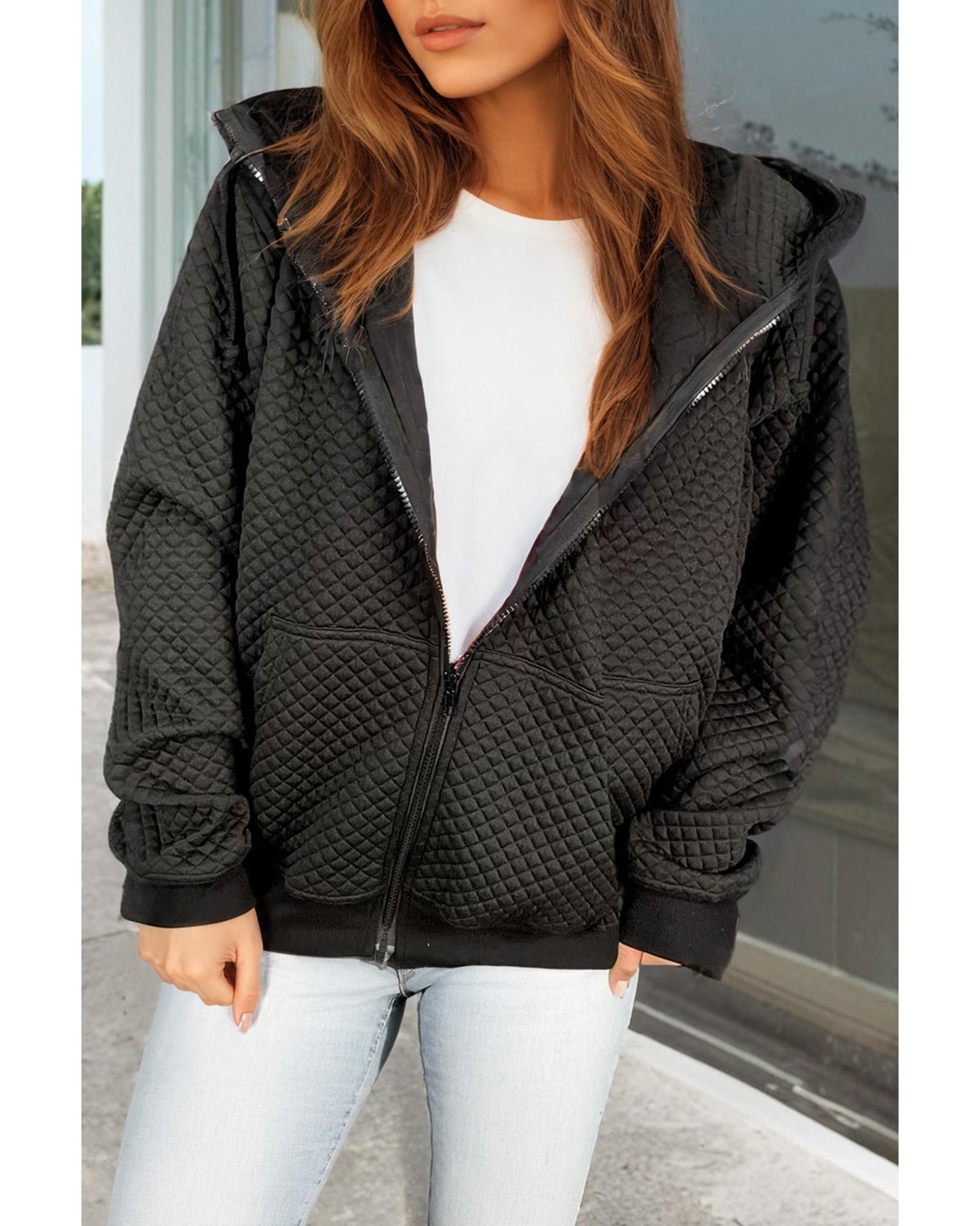 Black Quilted Side Pockets Zipper Hooded Jacket - S