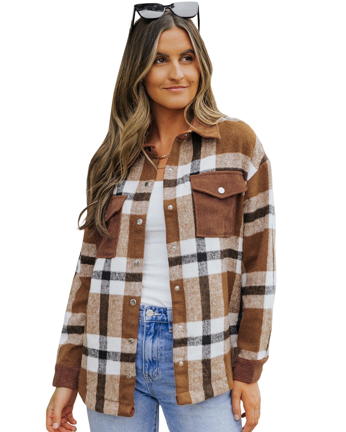Brown Pocketed Buttoned Plaid Shirt Jacket - 2XL