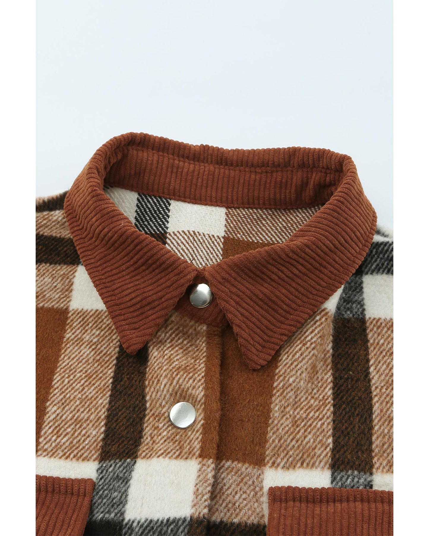 Brown Pocketed Buttoned Plaid Shirt Jacket - L