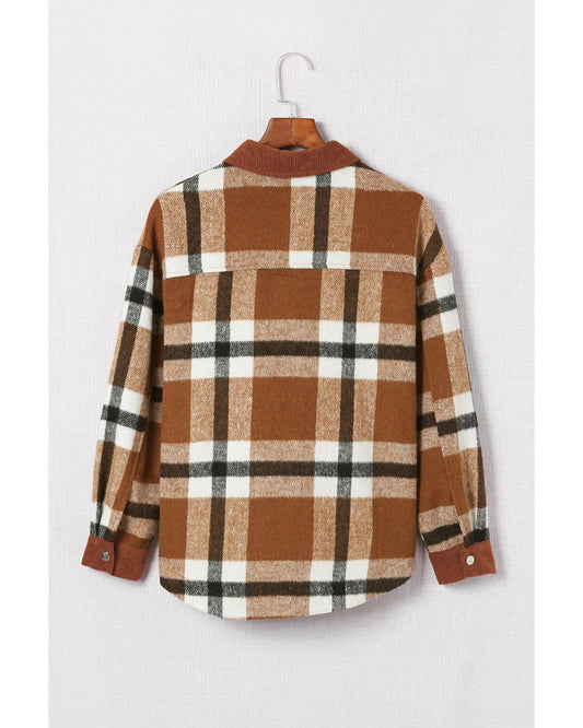 Brown Pocketed Buttoned Plaid Shirt Jacket - M