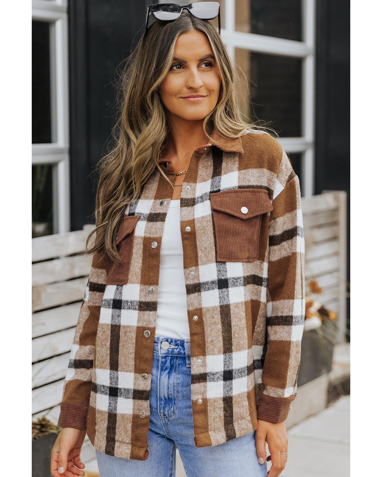 Brown Pocketed Buttoned Plaid Shirt Jacket - M