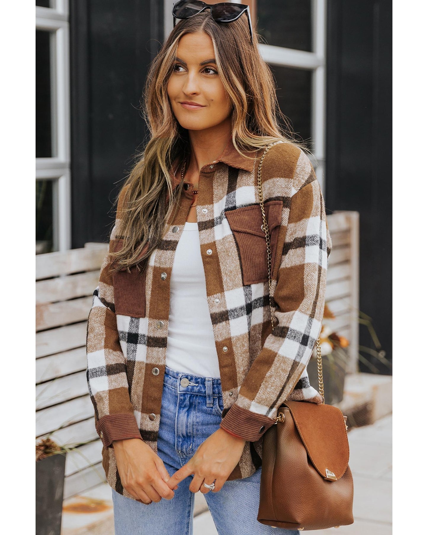 Brown Pocketed Buttoned Plaid Shirt Jacket - XL