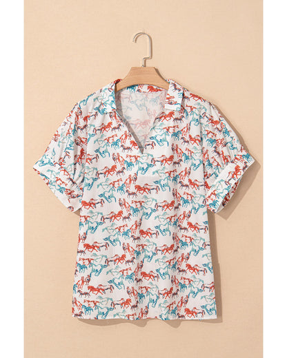 White Horse Galloping Allover Print Split Neck Plus Size Blouse - 1X