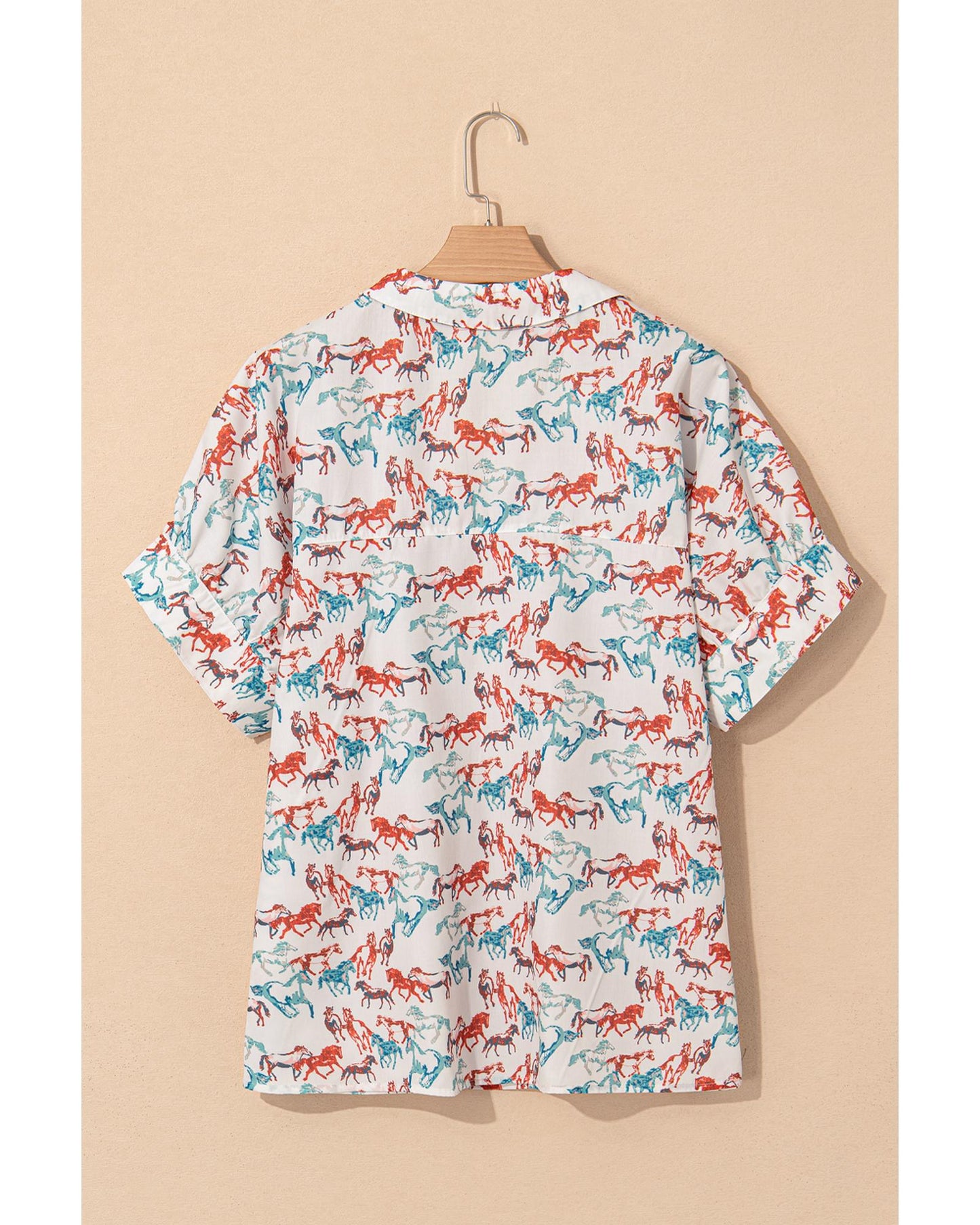 White Horse Galloping Allover Print Split Neck Plus Size Blouse - 2X